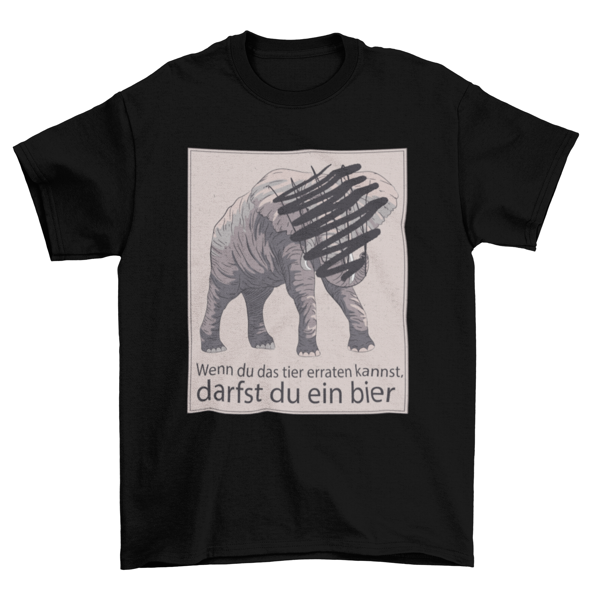 A playful t-shirt featuring a scratched-off elephant design and a humorous German quote about winning a beer.