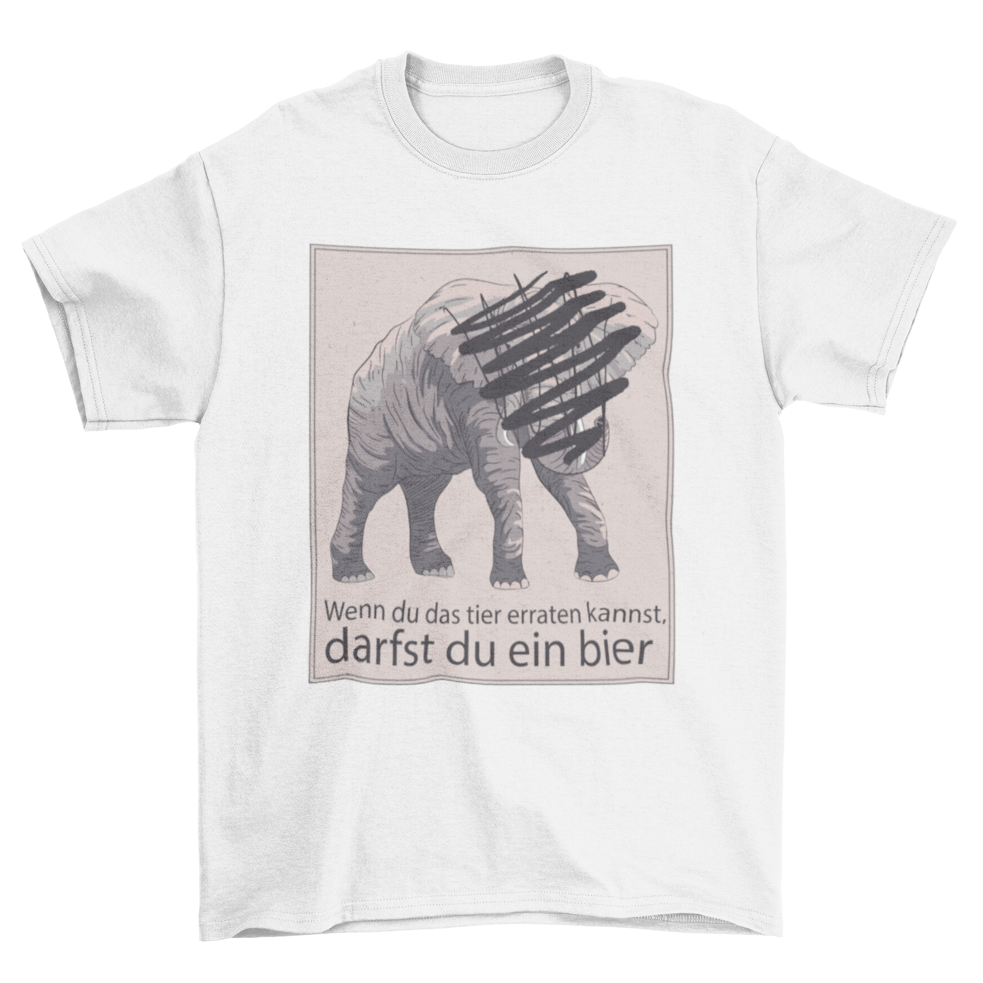 A playful t-shirt featuring a scratched-off elephant design and a humorous German quote about winning a beer.