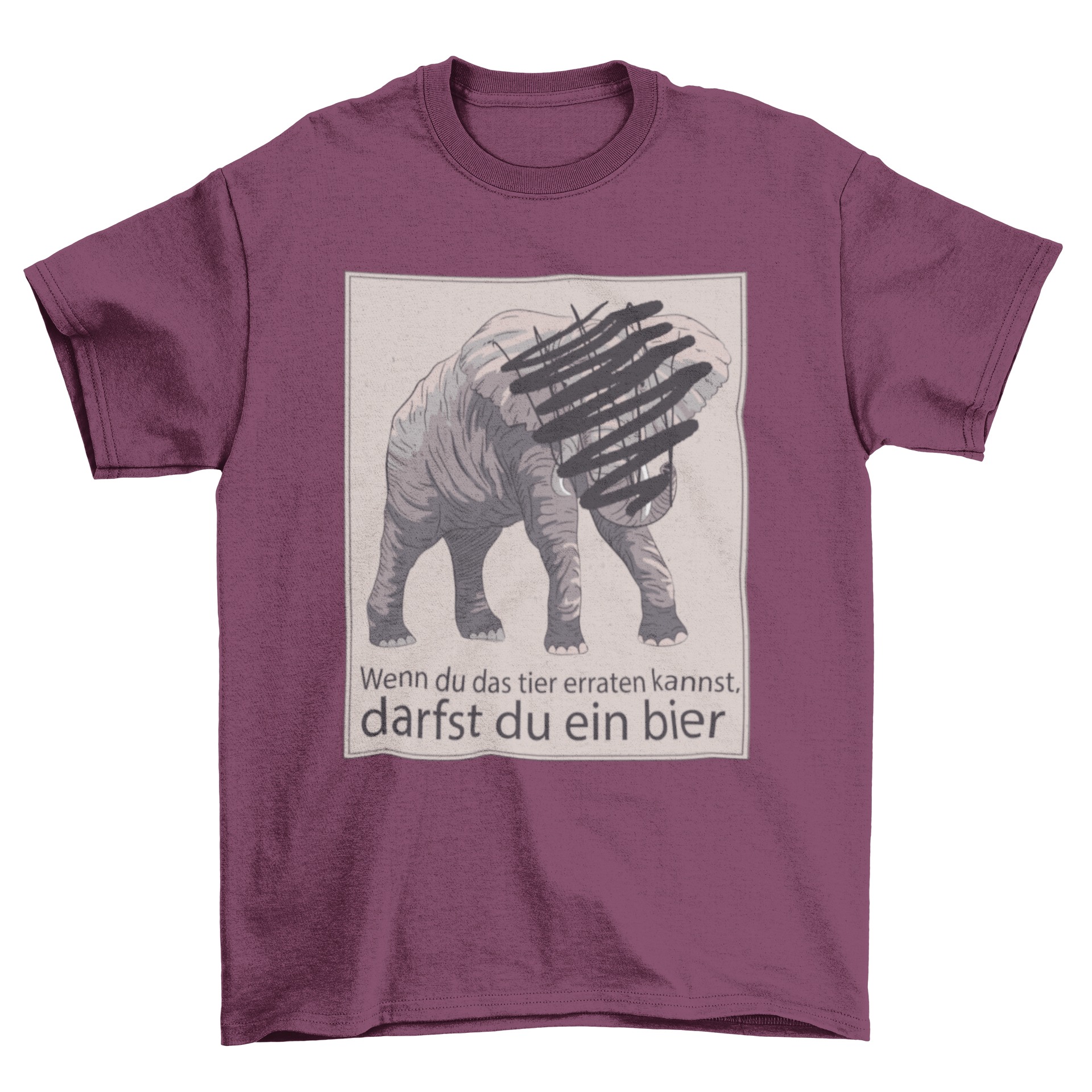 A playful t-shirt featuring a scratched-off elephant design and a humorous German quote about winning a beer.