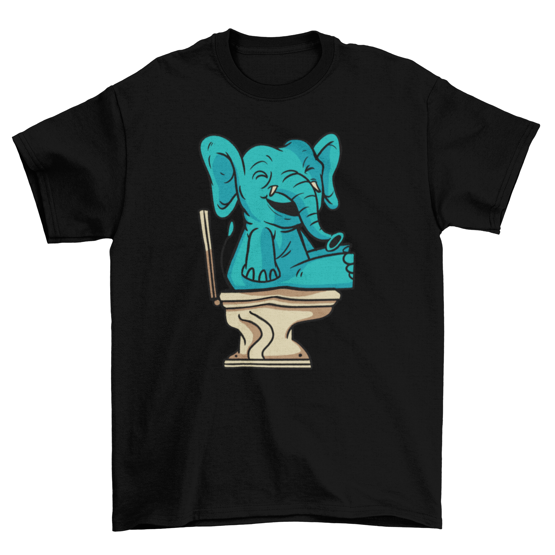 A humorous t-shirt featuring a cheerful elephant sitting on a toilet, showcasing a fun and playful design.