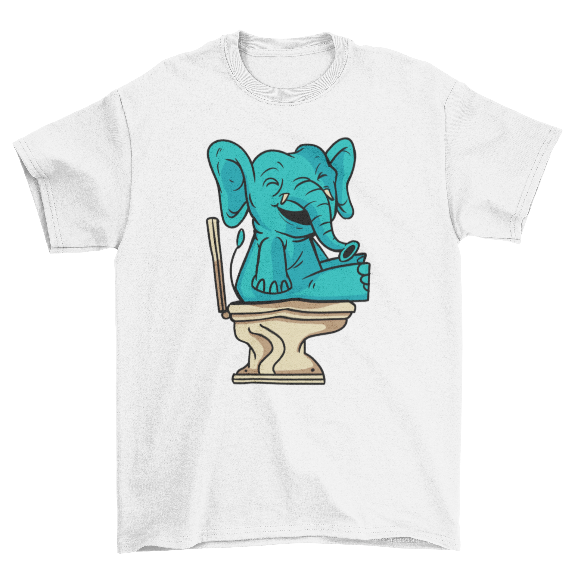 A humorous t-shirt featuring a cheerful elephant sitting on a toilet, showcasing a fun and playful design.