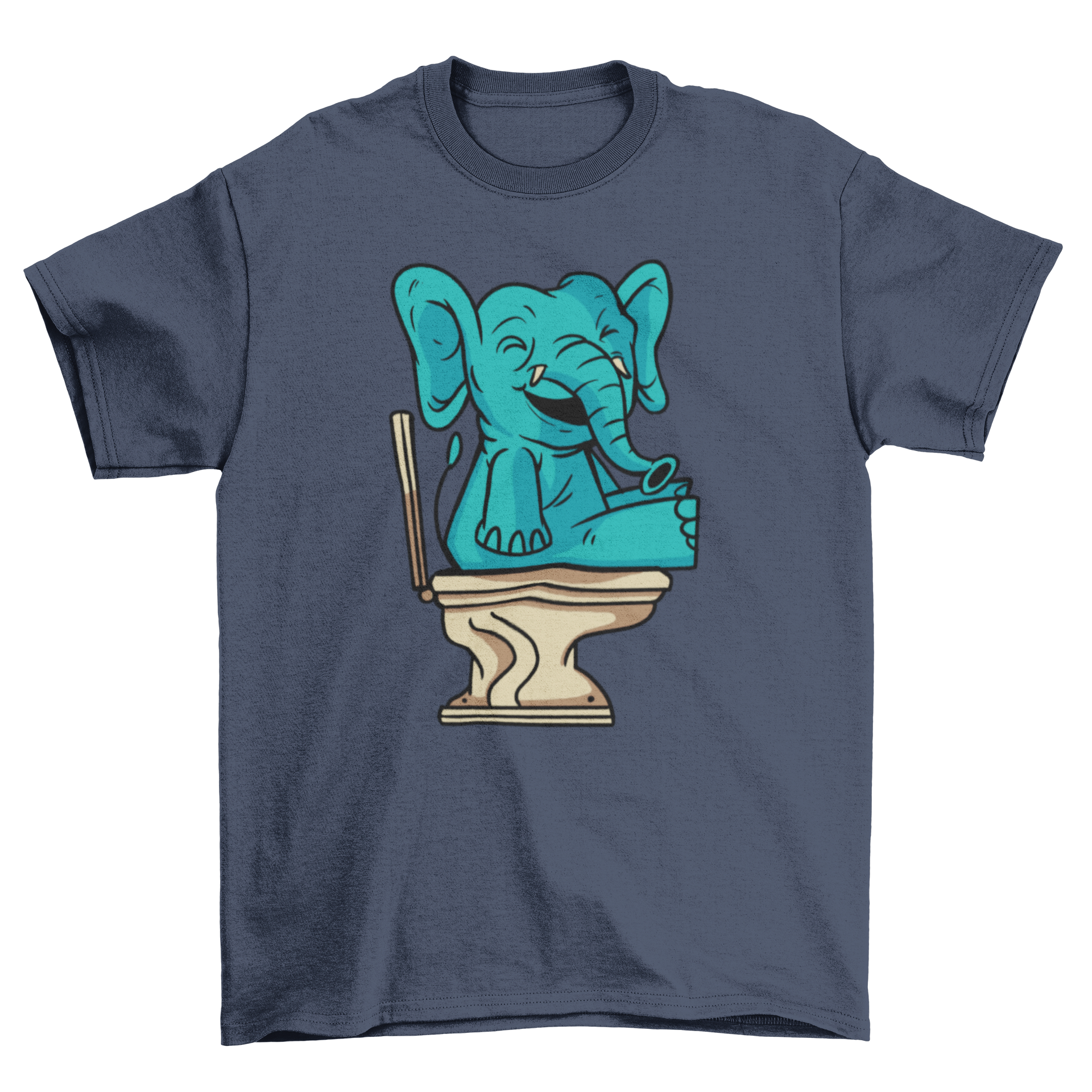 A humorous t-shirt featuring a cheerful elephant sitting on a toilet, showcasing a fun and playful design.