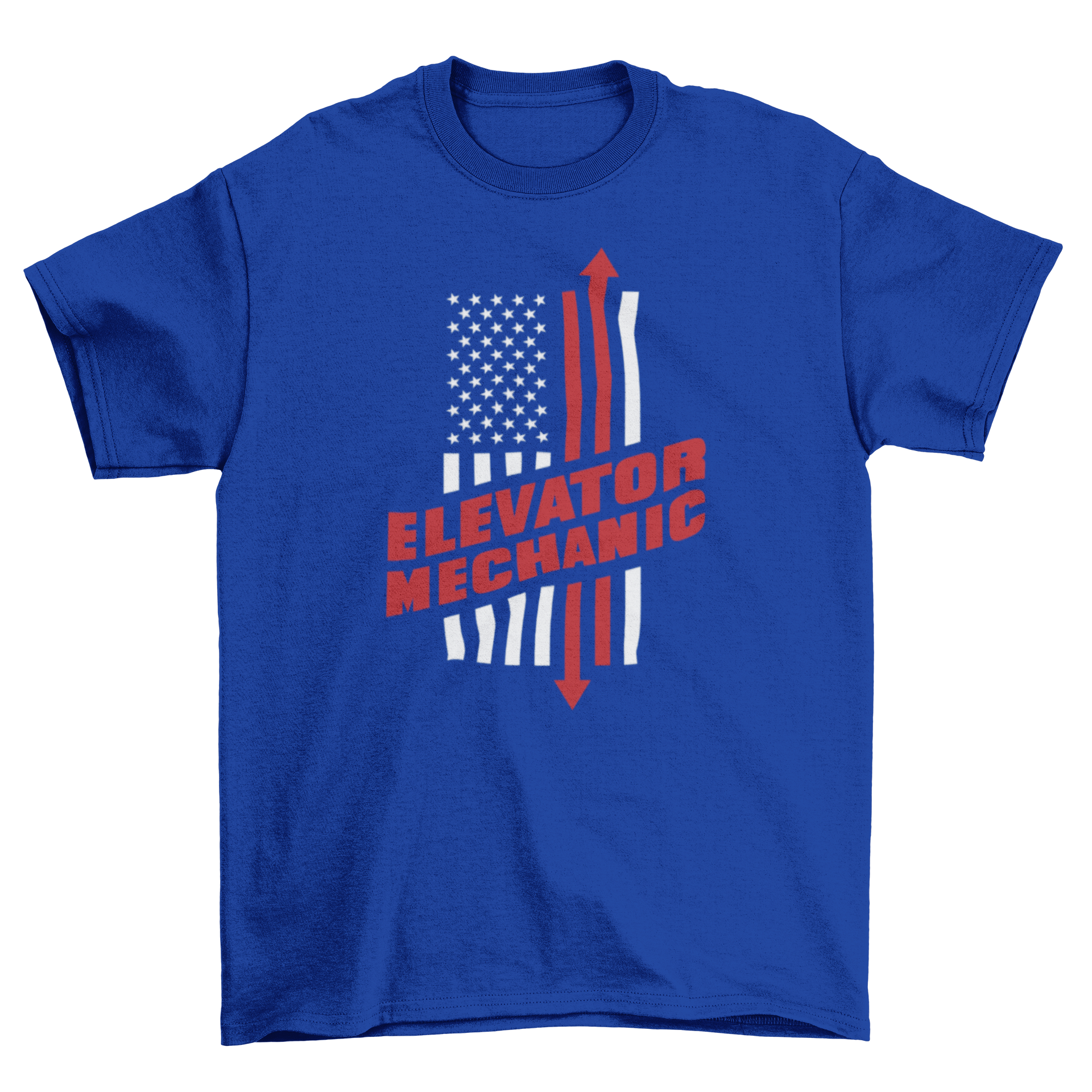 Elevator mechanic t-shirt featuring US flag and bold lettering.