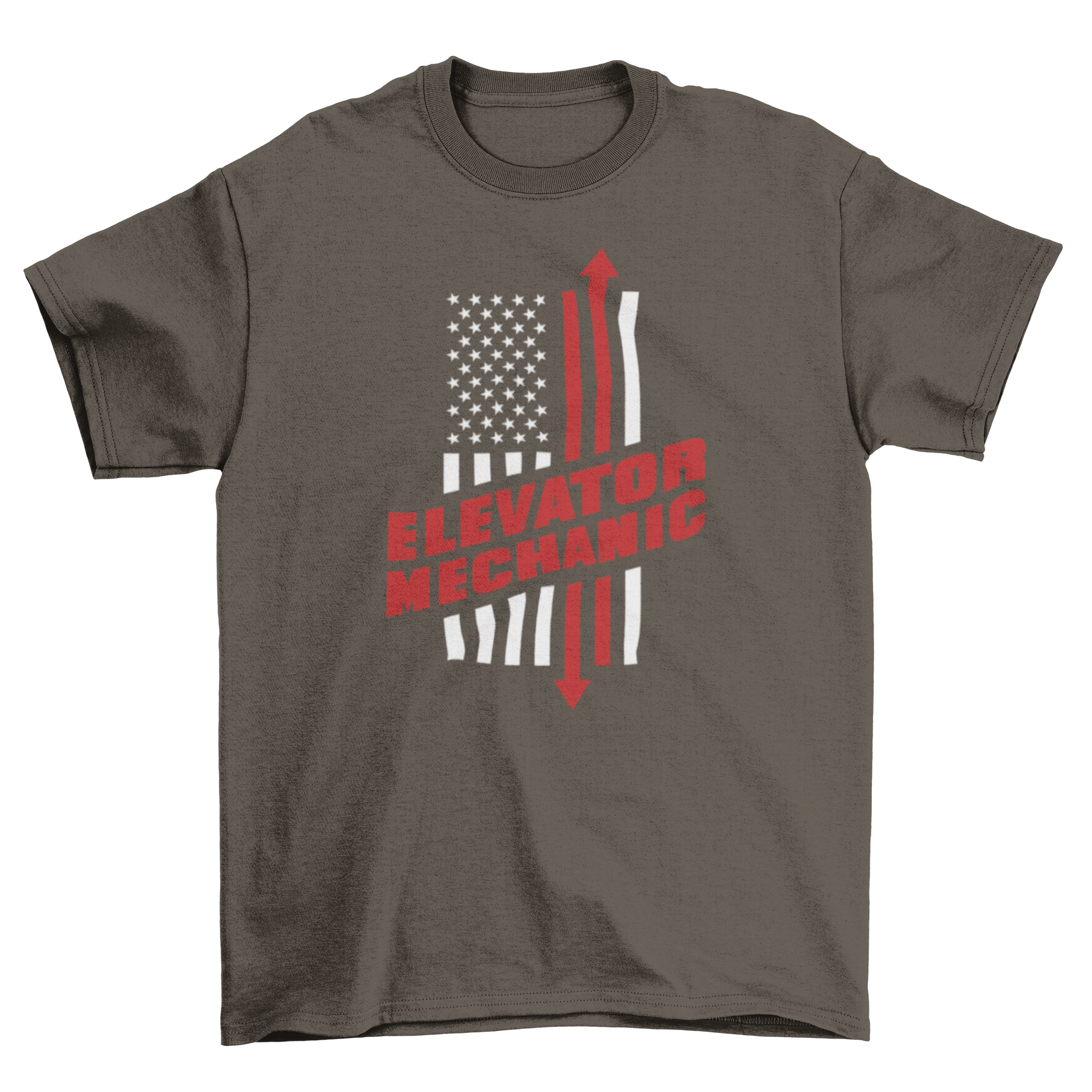 Elevator mechanic t-shirt featuring US flag and bold lettering.