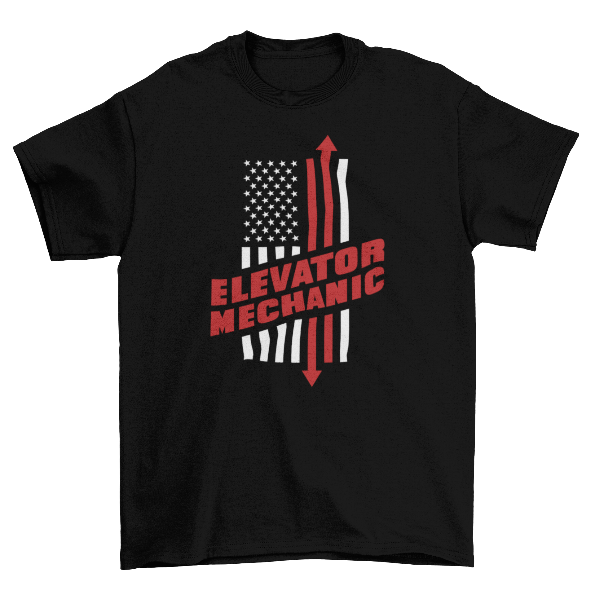 Elevator mechanic t-shirt featuring US flag and bold lettering.