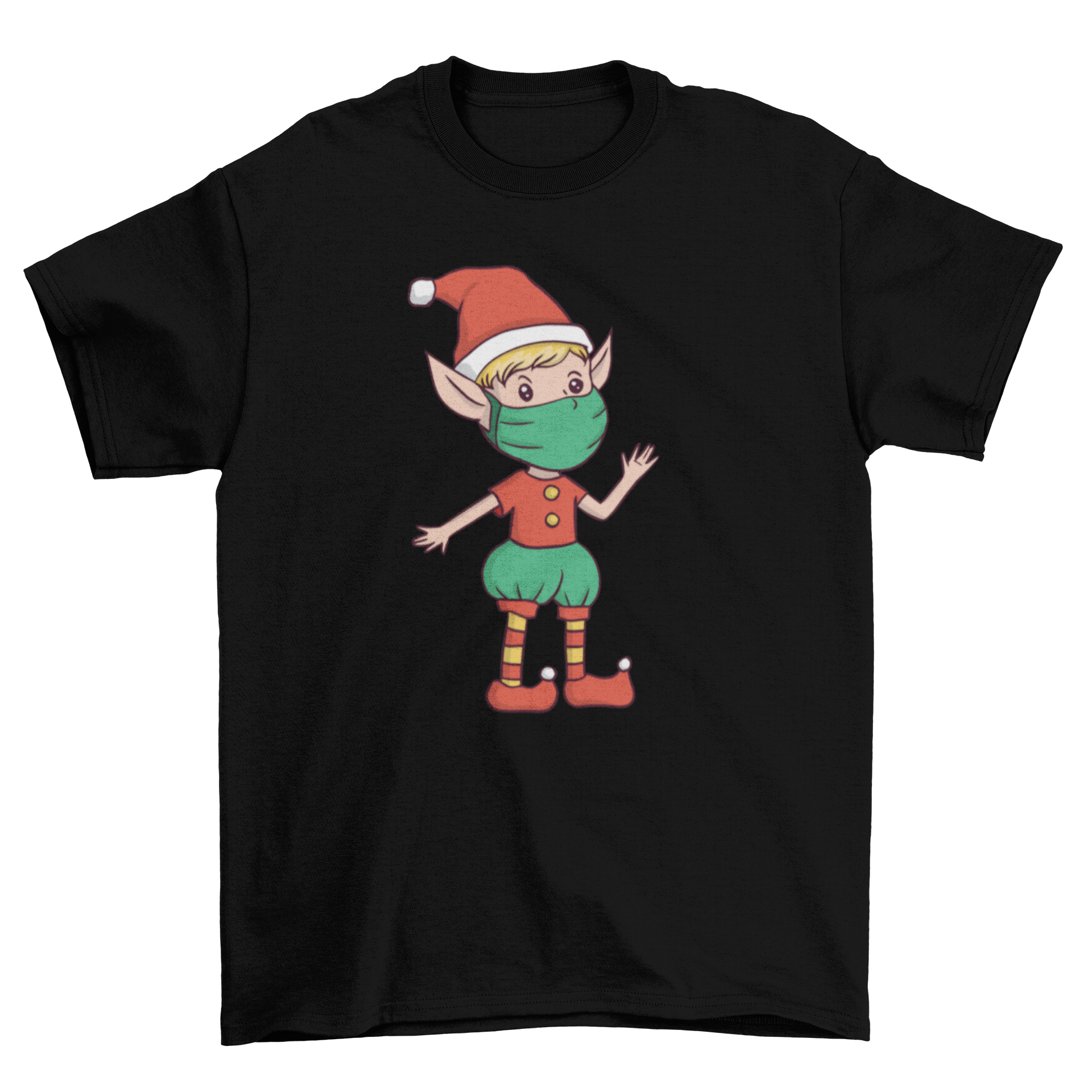 A festive Christmas t-shirt featuring a cheerful elf wearing a face mask, perfect for holiday celebrations.