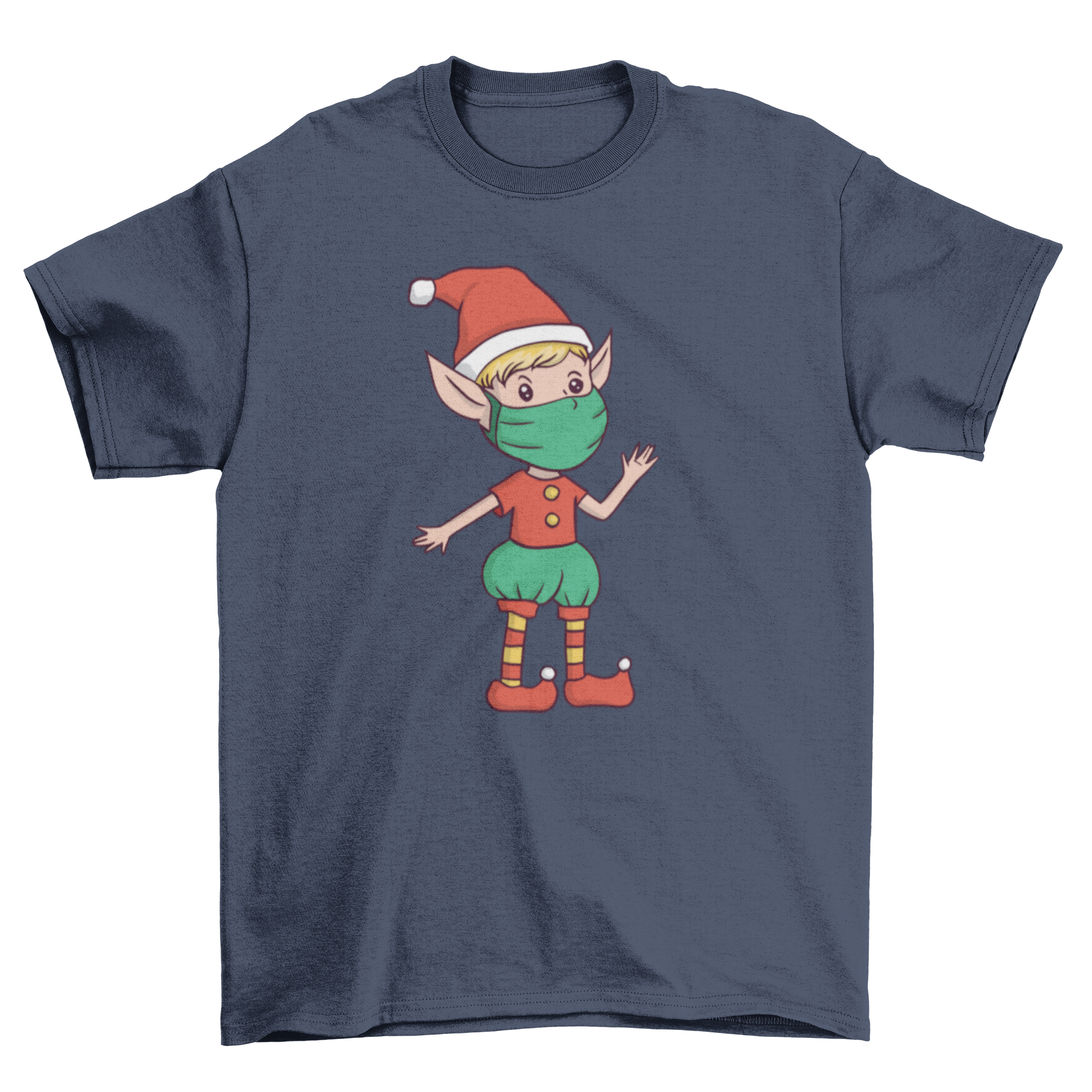 A festive Christmas t-shirt featuring a cheerful elf wearing a face mask, perfect for holiday celebrations.