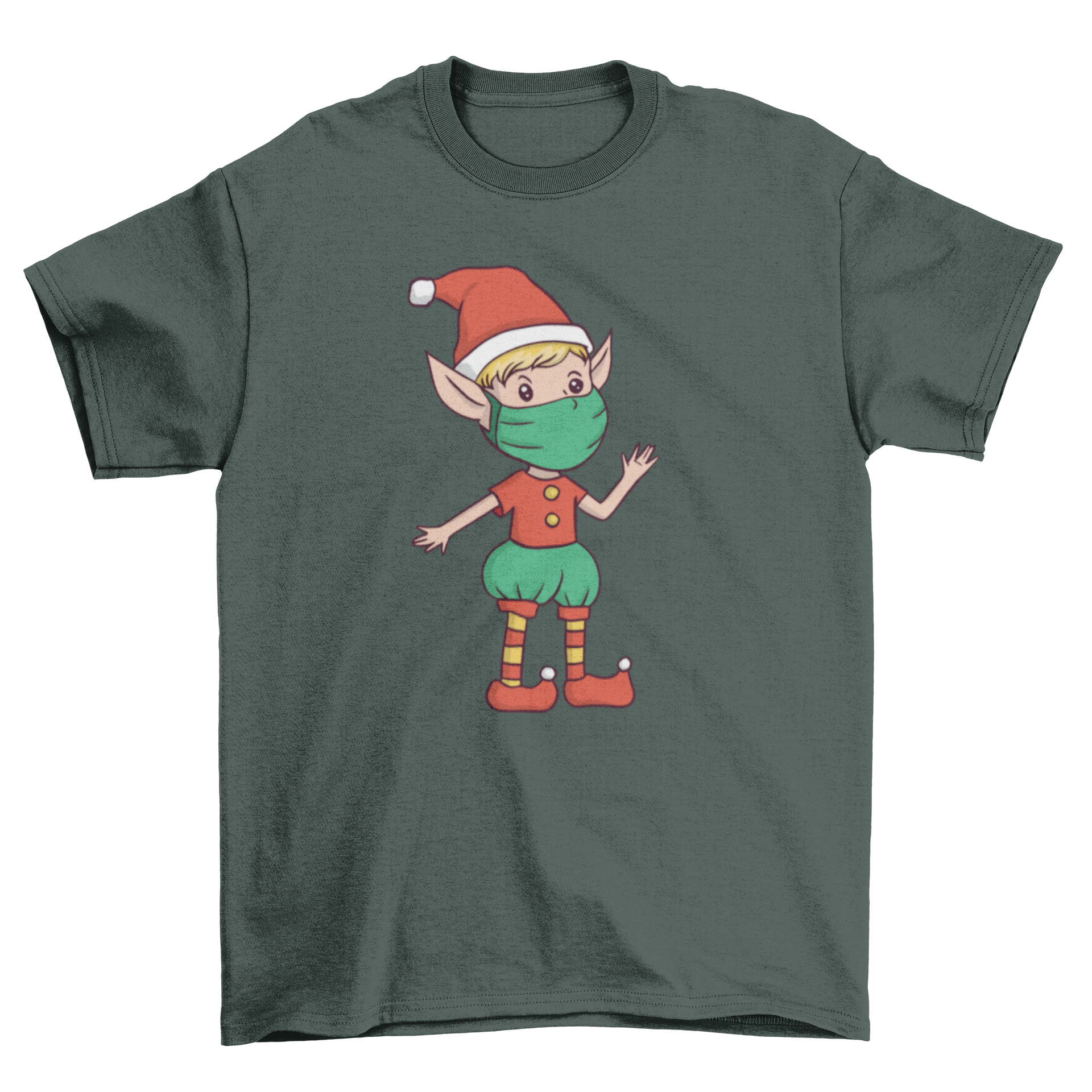 A festive Christmas t-shirt featuring a cheerful elf wearing a face mask, perfect for holiday celebrations.