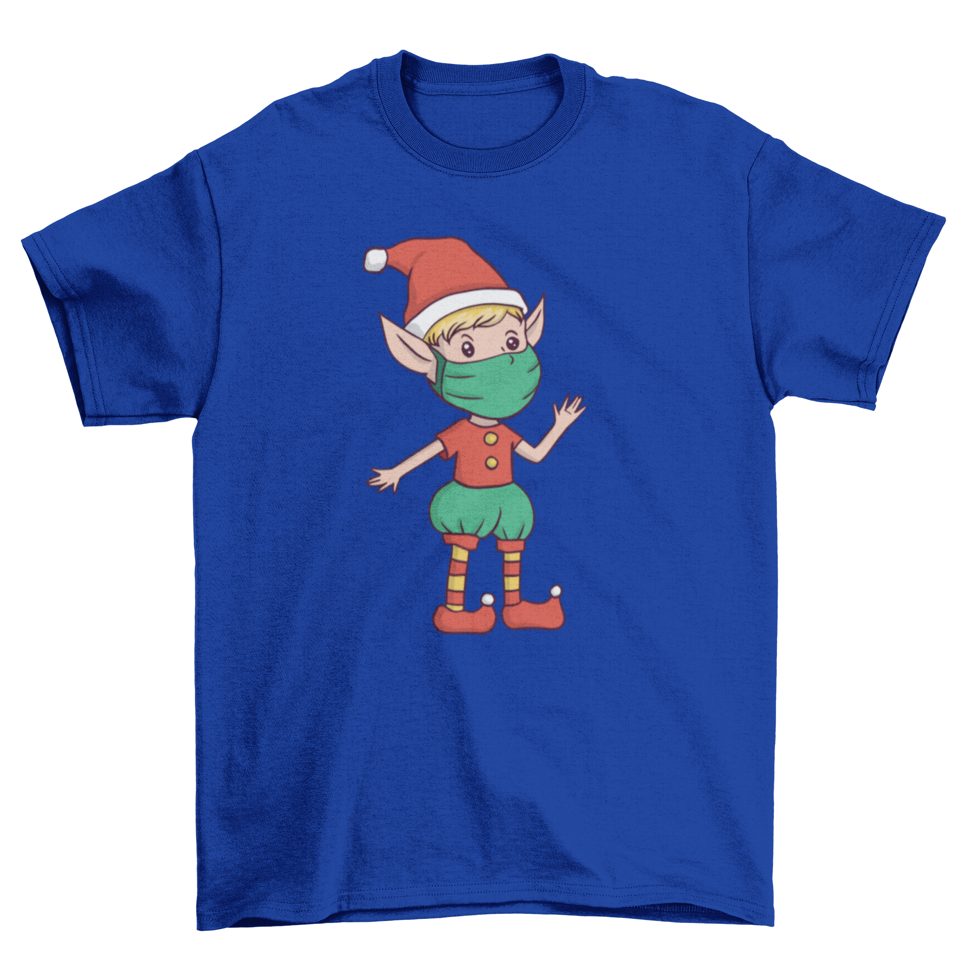 A festive Christmas t-shirt featuring a cheerful elf wearing a face mask, perfect for holiday celebrations.