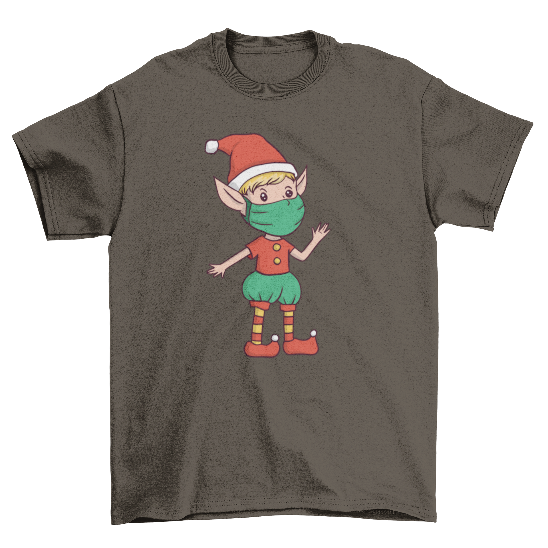 A festive Christmas t-shirt featuring a cheerful elf wearing a face mask, perfect for holiday celebrations.