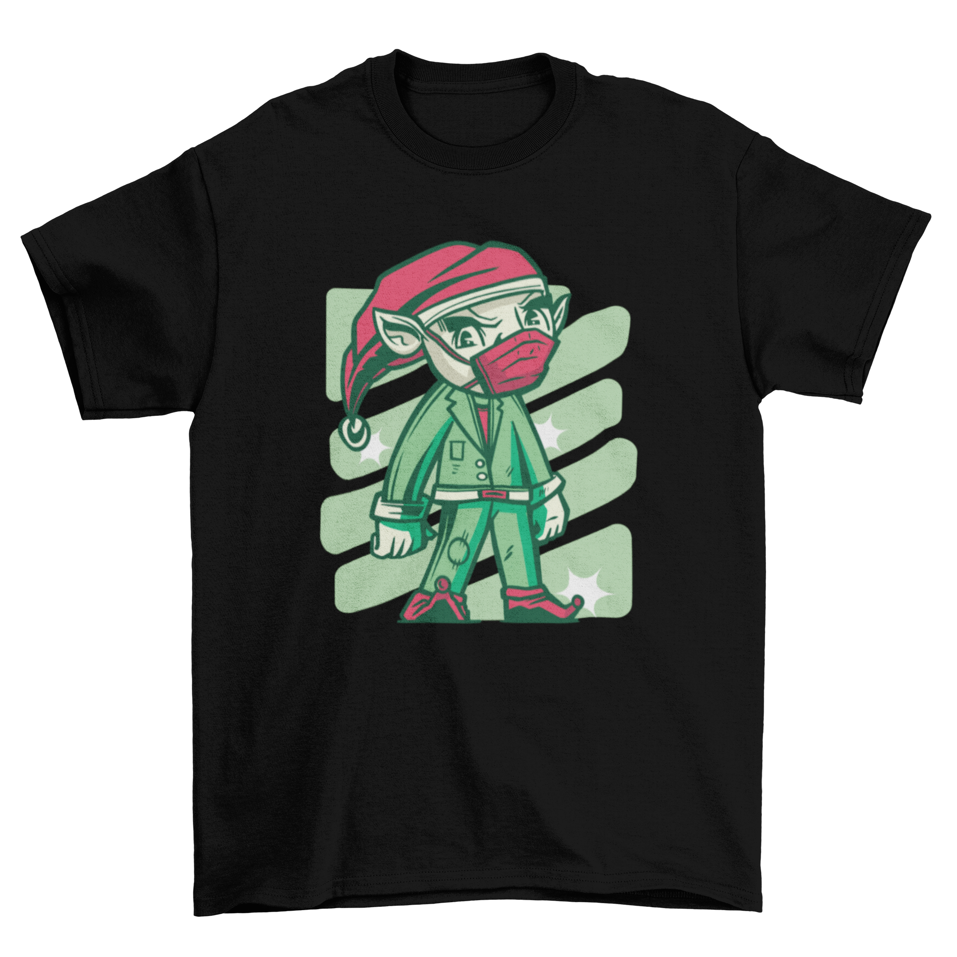 A festive t-shirt featuring a cheerful elf wearing a face mask, perfect for Christmas celebrations.