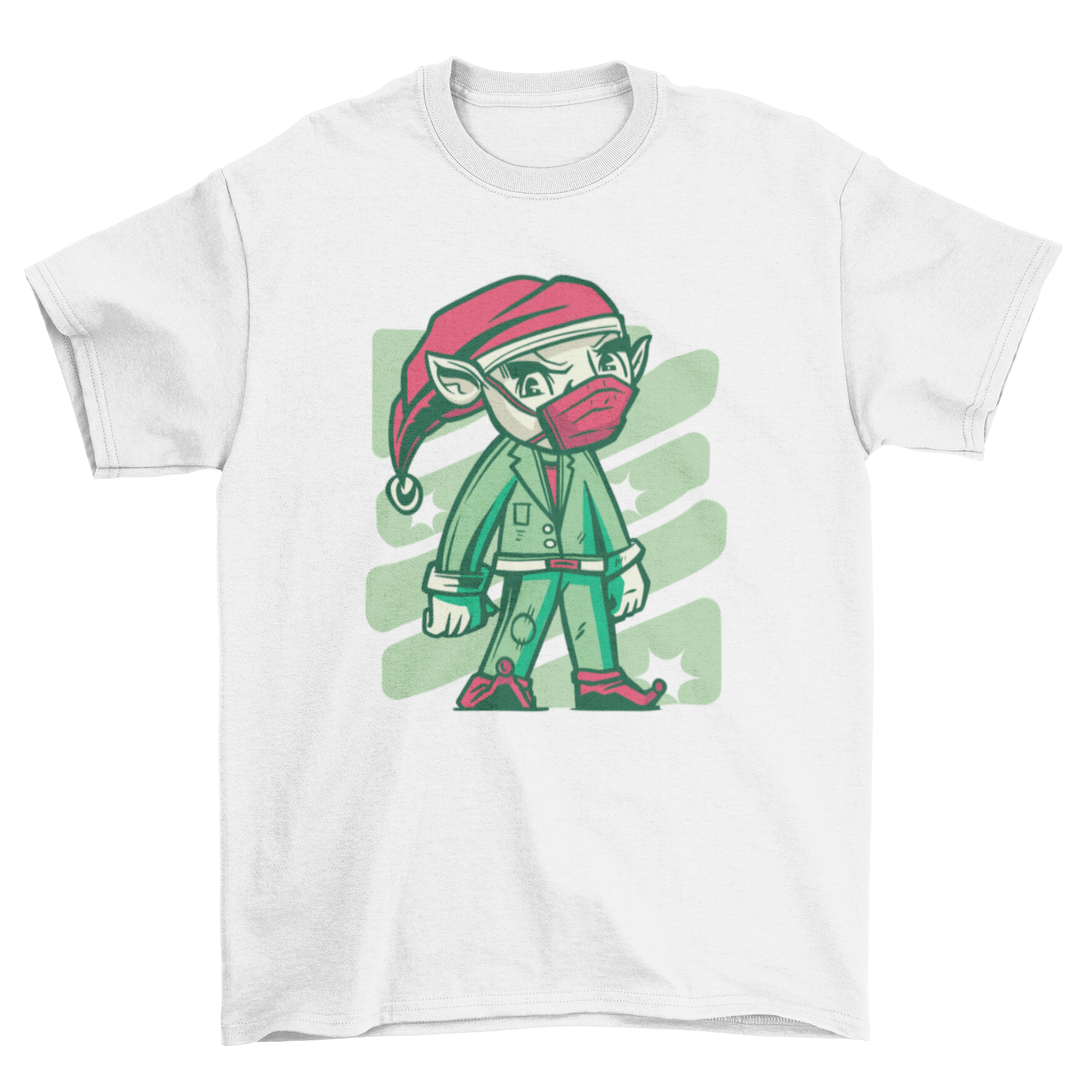 A festive t-shirt featuring a cheerful elf wearing a face mask, perfect for Christmas celebrations.