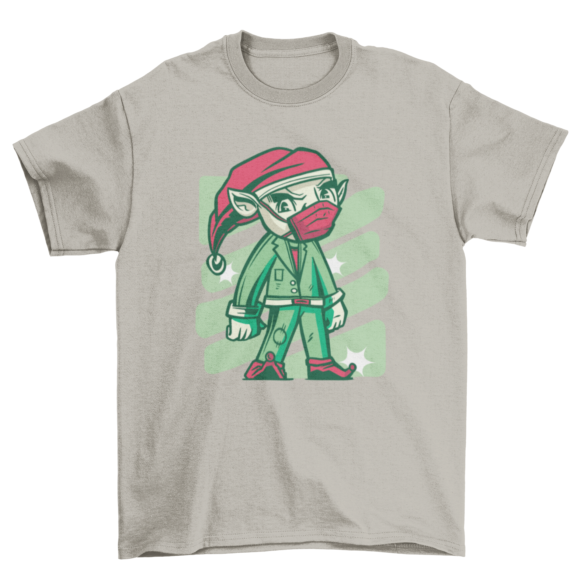 A festive t-shirt featuring a cheerful elf wearing a face mask, perfect for Christmas celebrations.