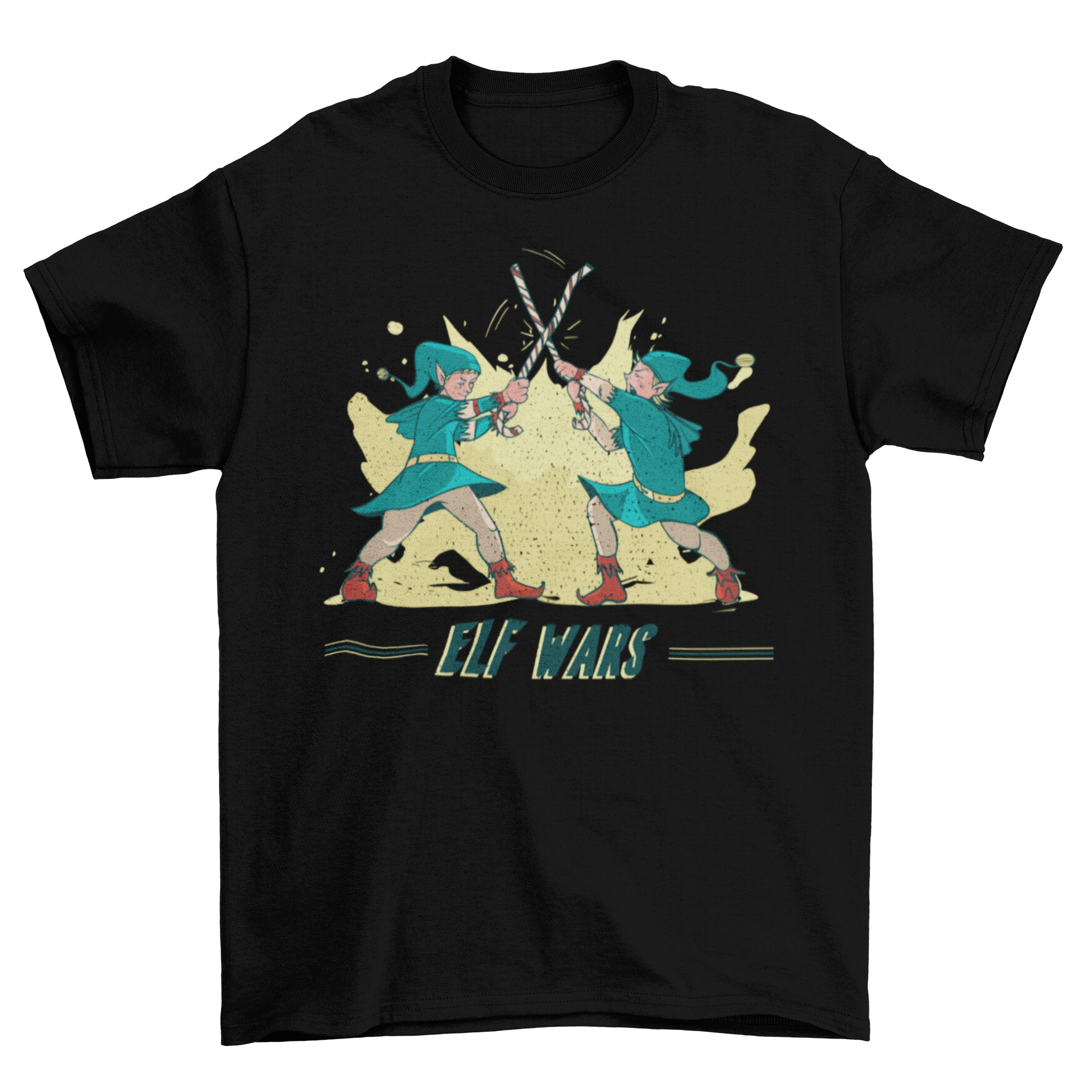 Elf Wars t-shirt featuring two elves fighting with candy canes and the caption 'Elf Wars'.