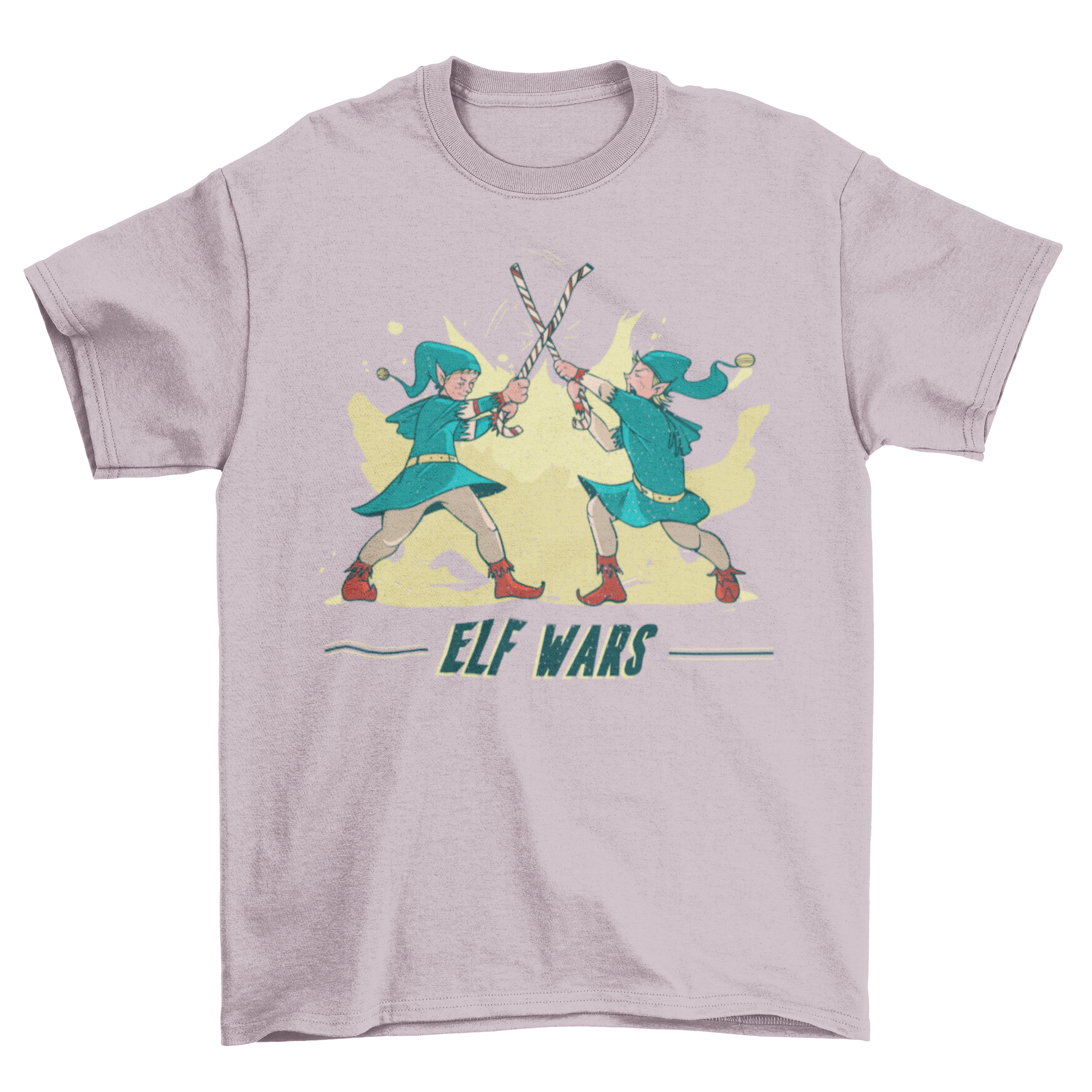 Elf Wars t-shirt featuring two elves fighting with candy canes and the caption 'Elf Wars'.