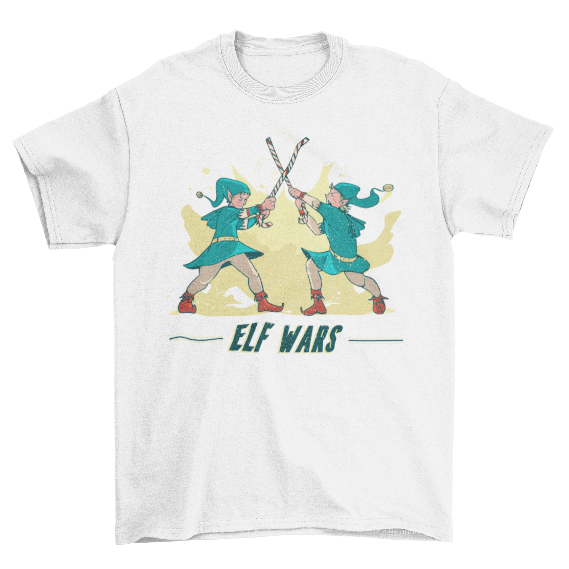 Elf Wars t-shirt featuring two elves fighting with candy canes and the caption 'Elf Wars'.