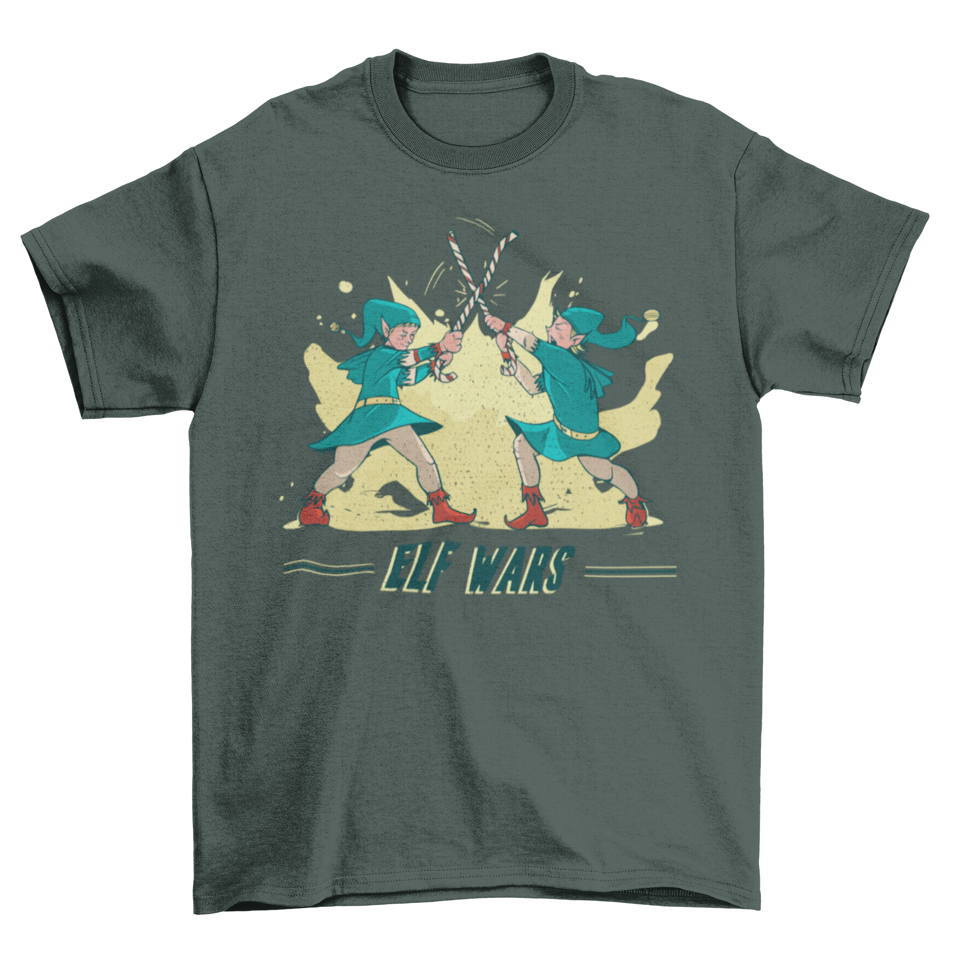 Elf Wars t-shirt featuring two elves fighting with candy canes and the caption 'Elf Wars'.