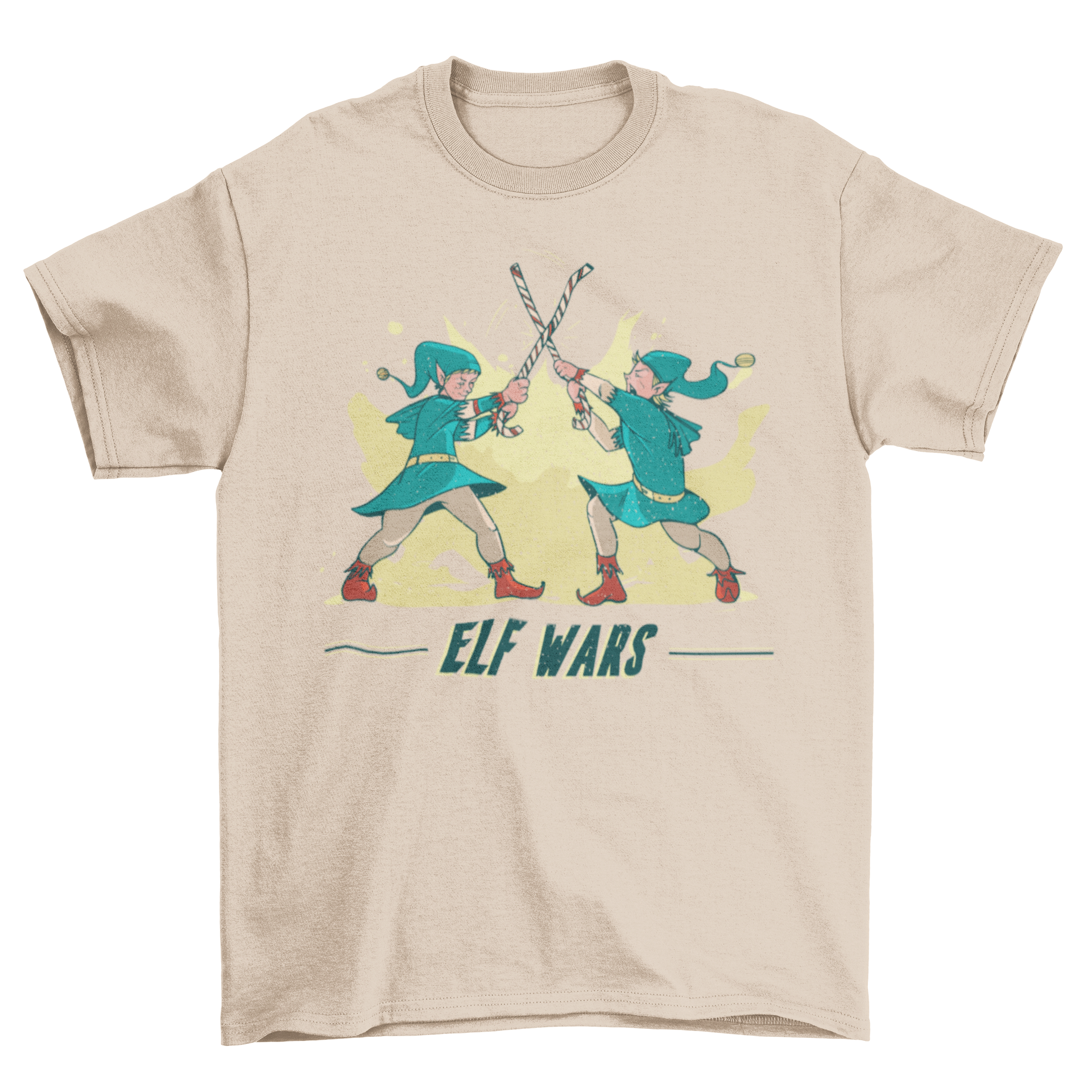 Elf Wars t-shirt featuring two elves fighting with candy canes and the caption 'Elf Wars'.