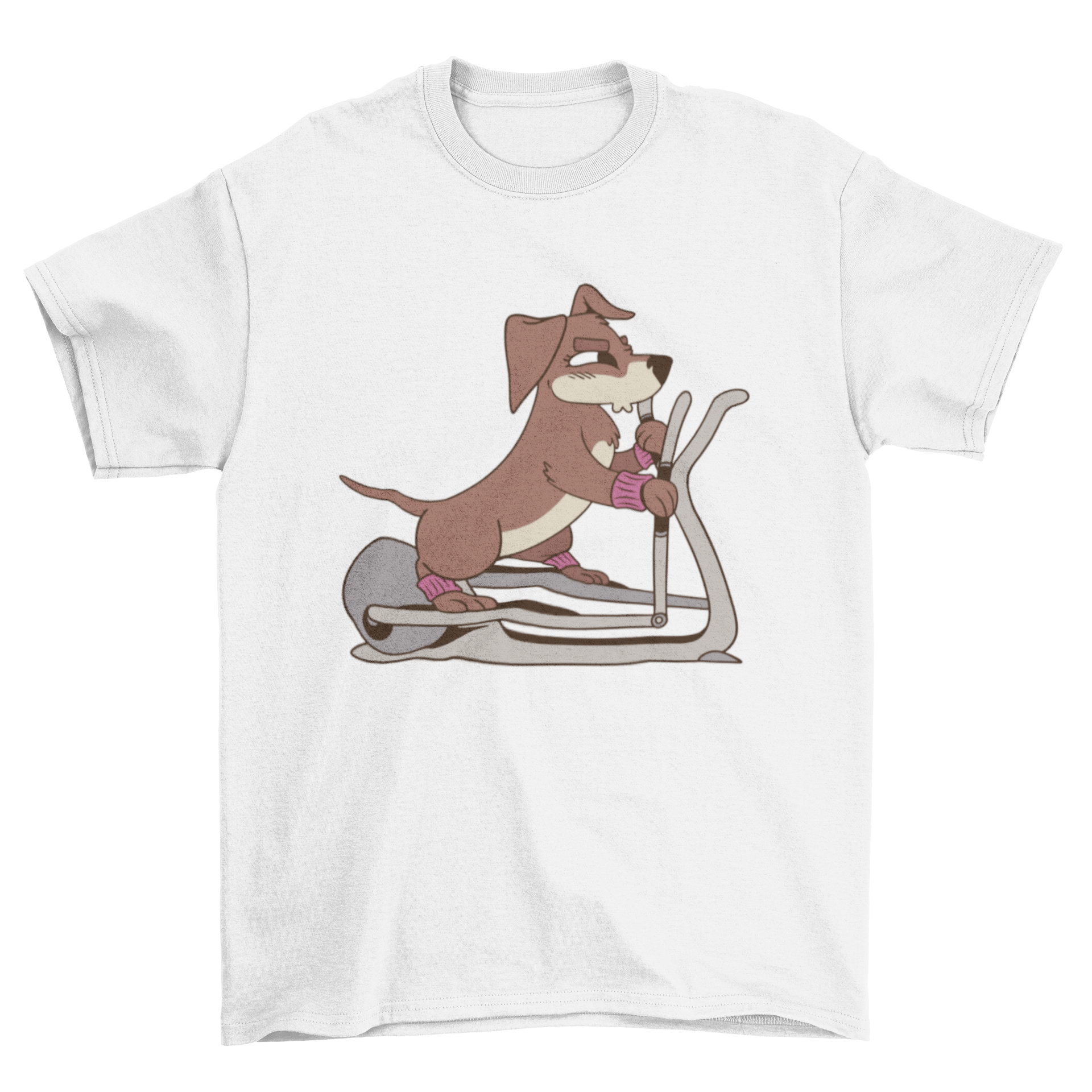 A playful t-shirt design featuring a dog exercising on an elliptical machine, showcasing a fun and active lifestyle.