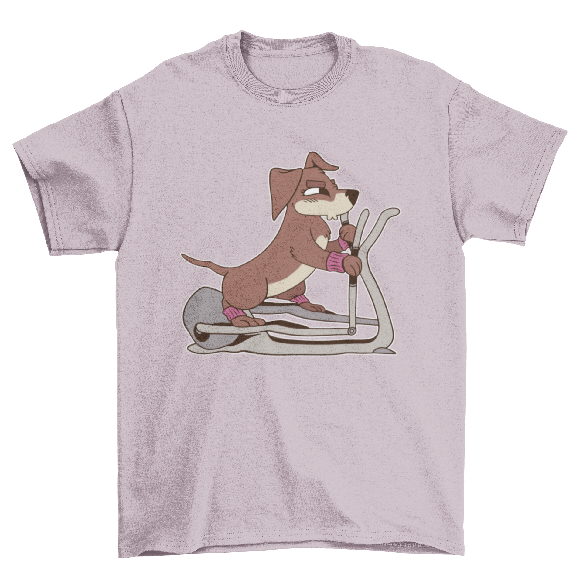 A playful t-shirt design featuring a dog exercising on an elliptical machine, showcasing a fun and active lifestyle.