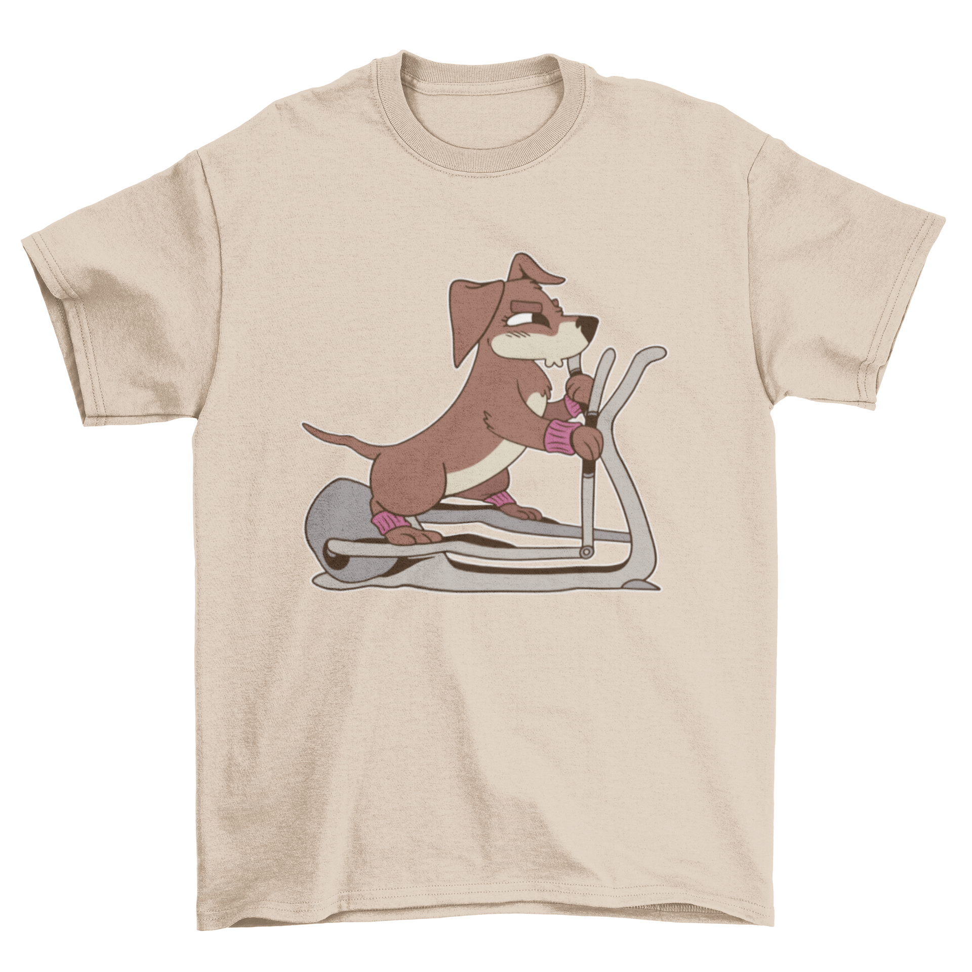 A playful t-shirt design featuring a dog exercising on an elliptical machine, showcasing a fun and active lifestyle.