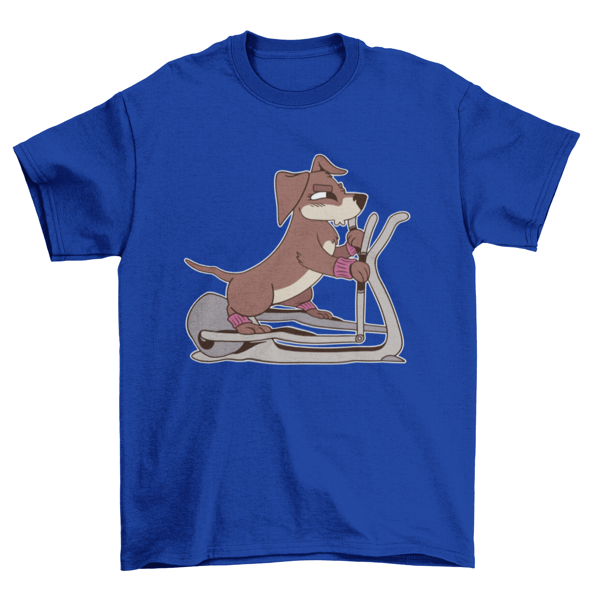 A playful t-shirt design featuring a dog exercising on an elliptical machine, showcasing a fun and active lifestyle.