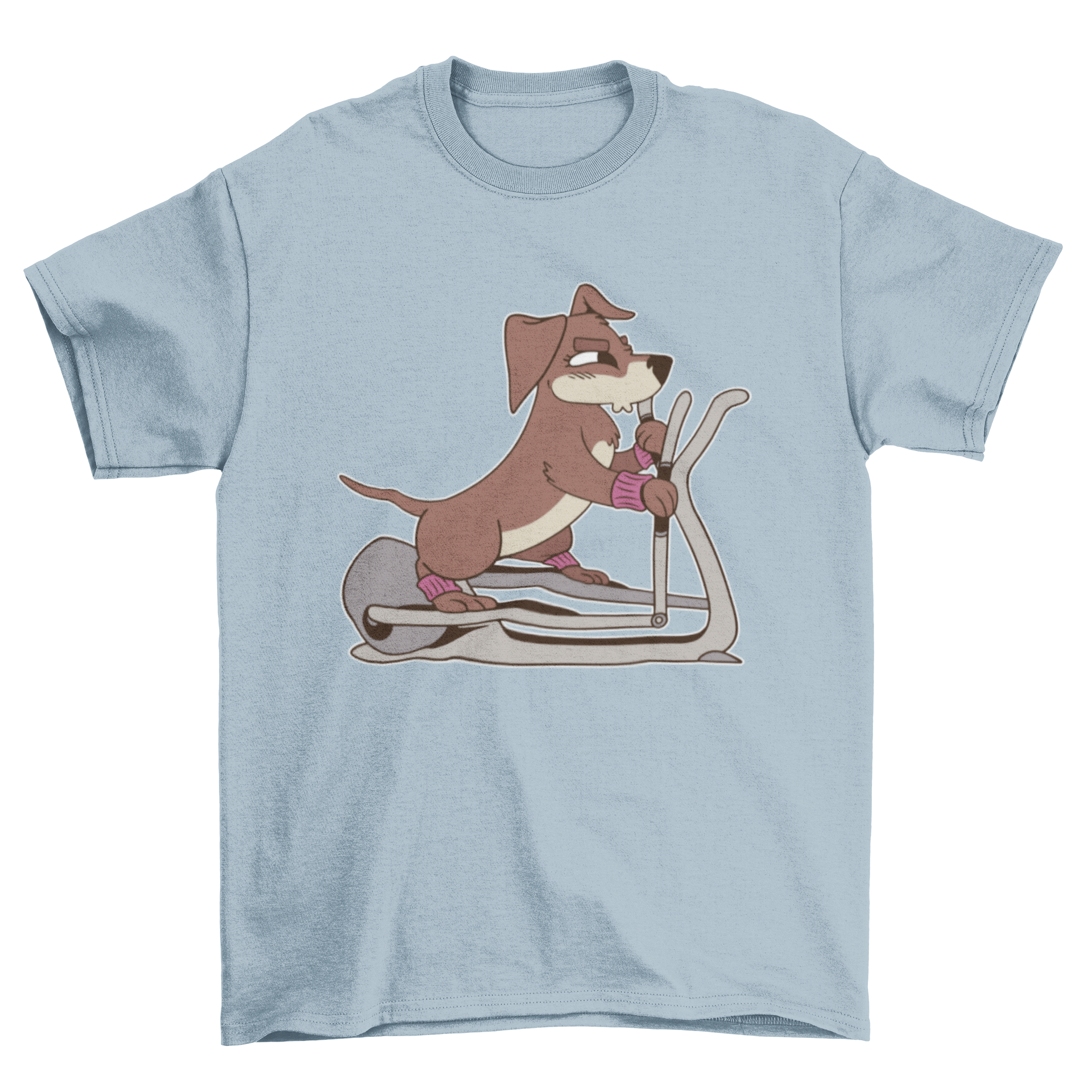 A playful t-shirt design featuring a dog exercising on an elliptical machine, showcasing a fun and active lifestyle.