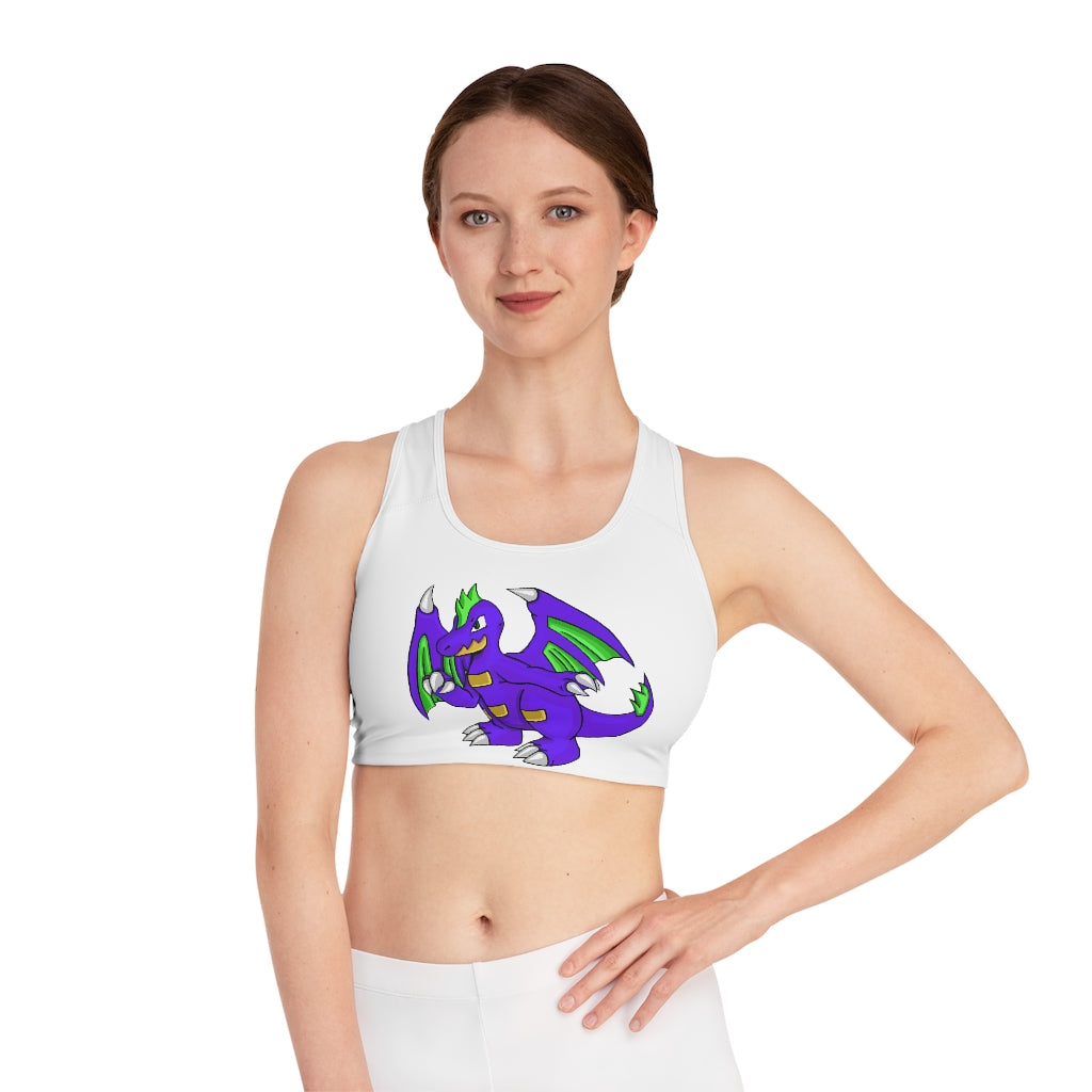 Emiletas Sports Bra featuring a customizable all-over-print design, compression fit, and double-layer front for enhanced support and comfort.