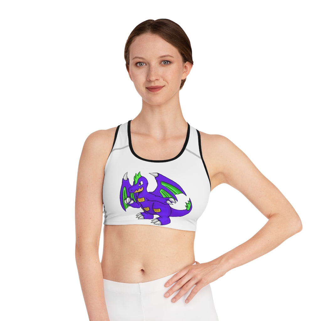 Emiletas Sports Bra featuring a customizable all-over-print design, compression fit, and double-layer front for enhanced support and comfort.