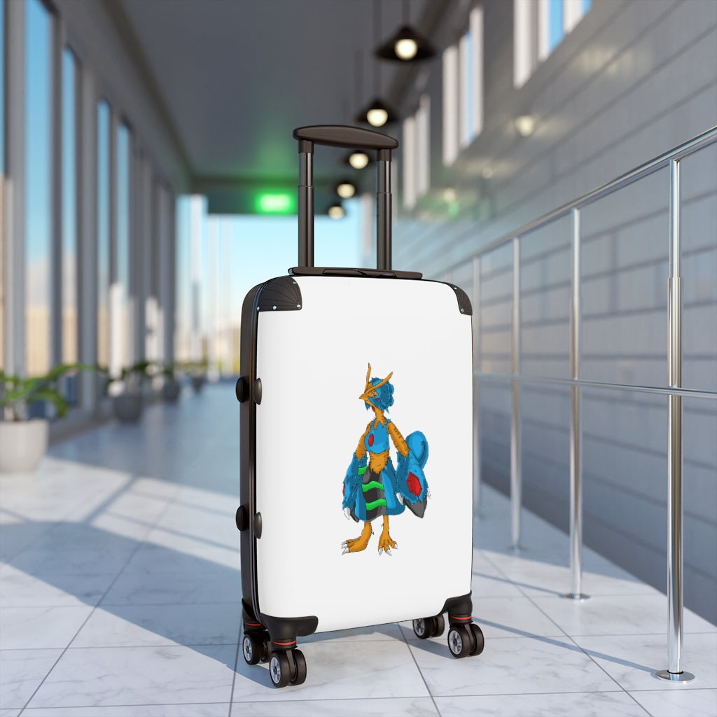 Empress Cabin Suitcase featuring a personalized design, lightweight polycarbonate front, and ABS back, with adjustable handle and 360° swivel wheels.