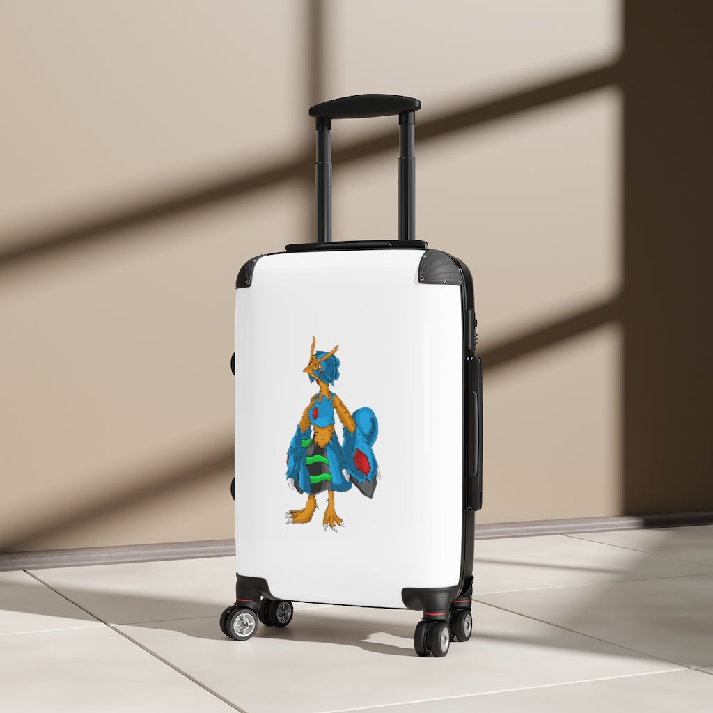 Empress Cabin Suitcase featuring a personalized design, lightweight polycarbonate front, and ABS back, with adjustable handle and 360° swivel wheels.