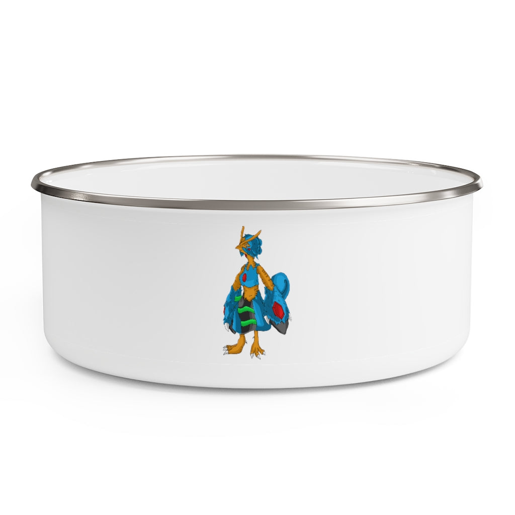 Empress Enamel Bowl made of lightweight stainless steel with a translucent plastic lid, featuring a stylish print around the exterior.