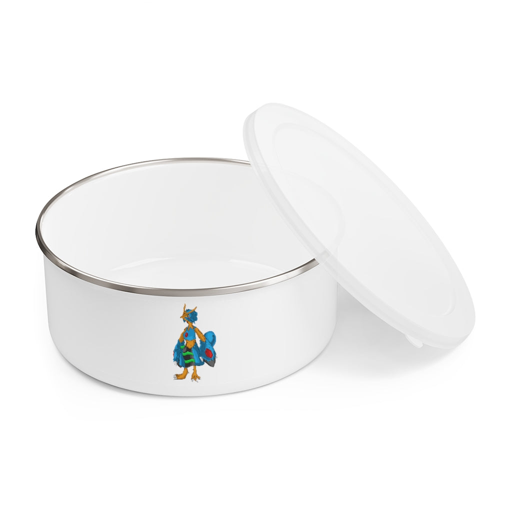 Empress Enamel Bowl made of lightweight stainless steel with a translucent plastic lid, featuring a stylish print around the exterior.