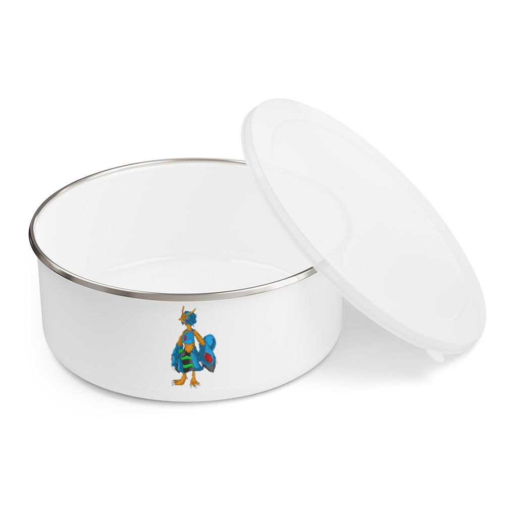 Empress Enamel Bowl made of lightweight stainless steel with a translucent plastic lid, featuring a stylish print around the exterior.