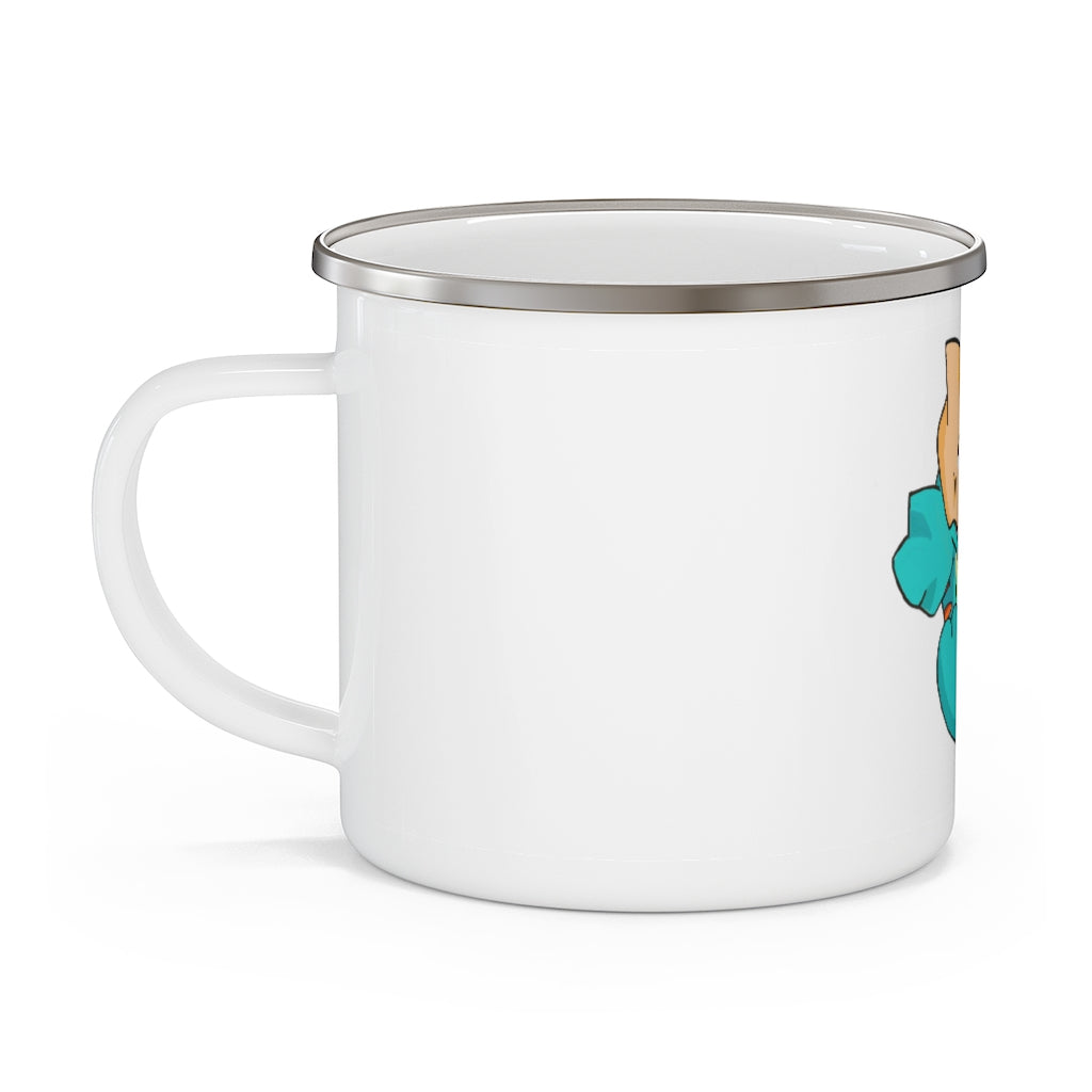 A durable enamel camping mug holding 12 ounces, featuring a stylish design with a C-handle, perfect for outdoor adventures.