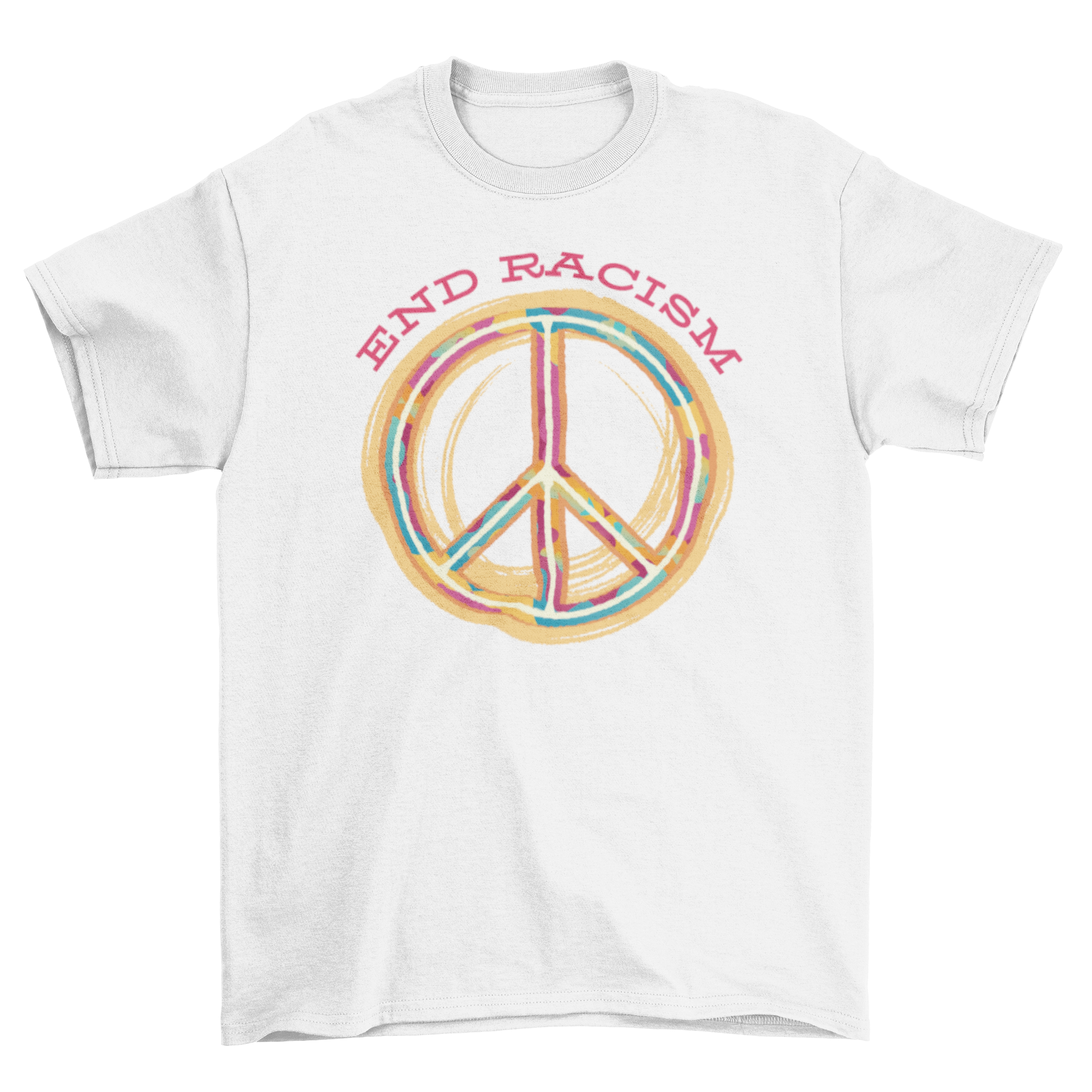 End Racism T-shirt featuring a peace sign and the quote 'End Racism' in bold letters, designed for comfort and style.