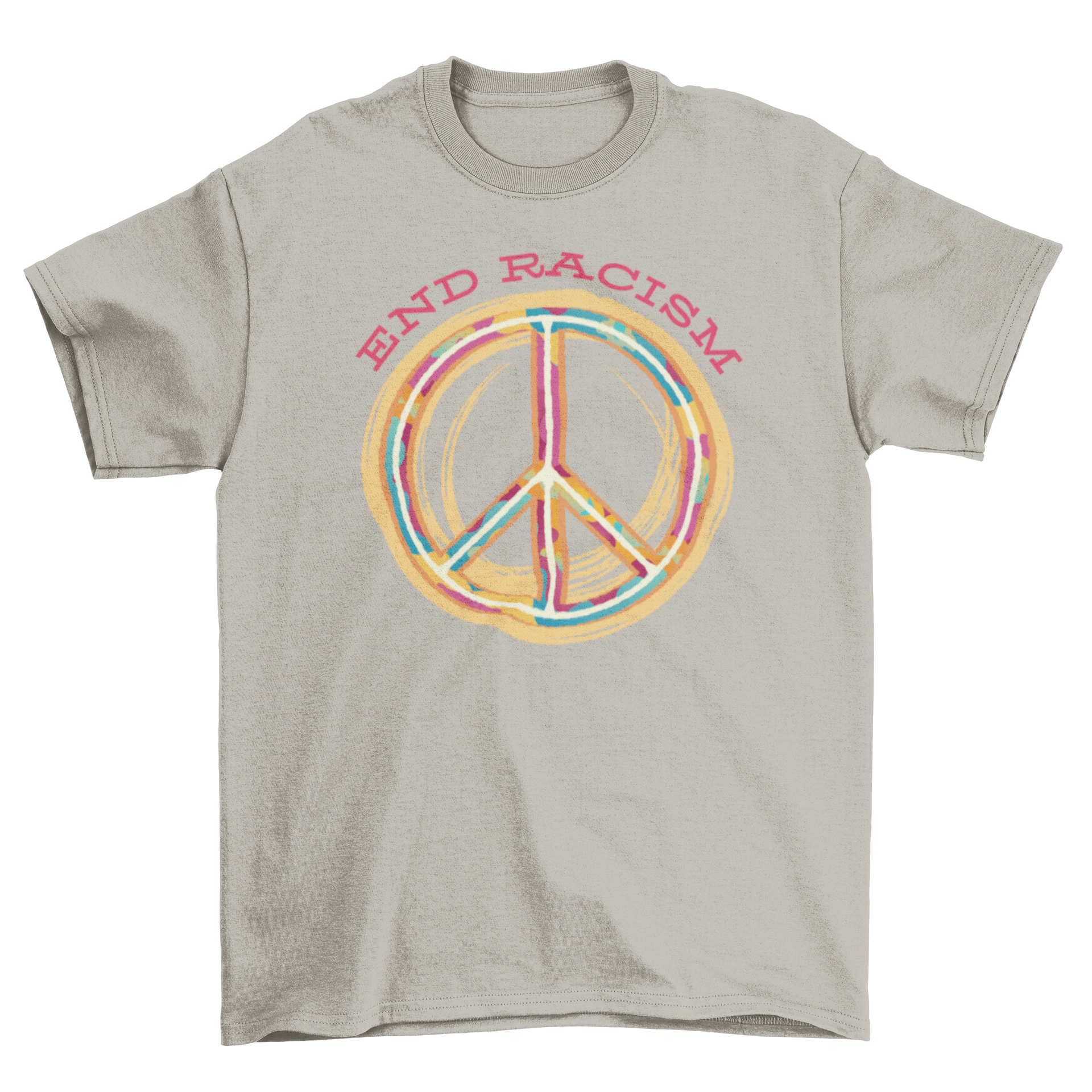 End Racism T-shirt featuring a peace sign and the quote 'End Racism' in bold letters, designed for comfort and style.