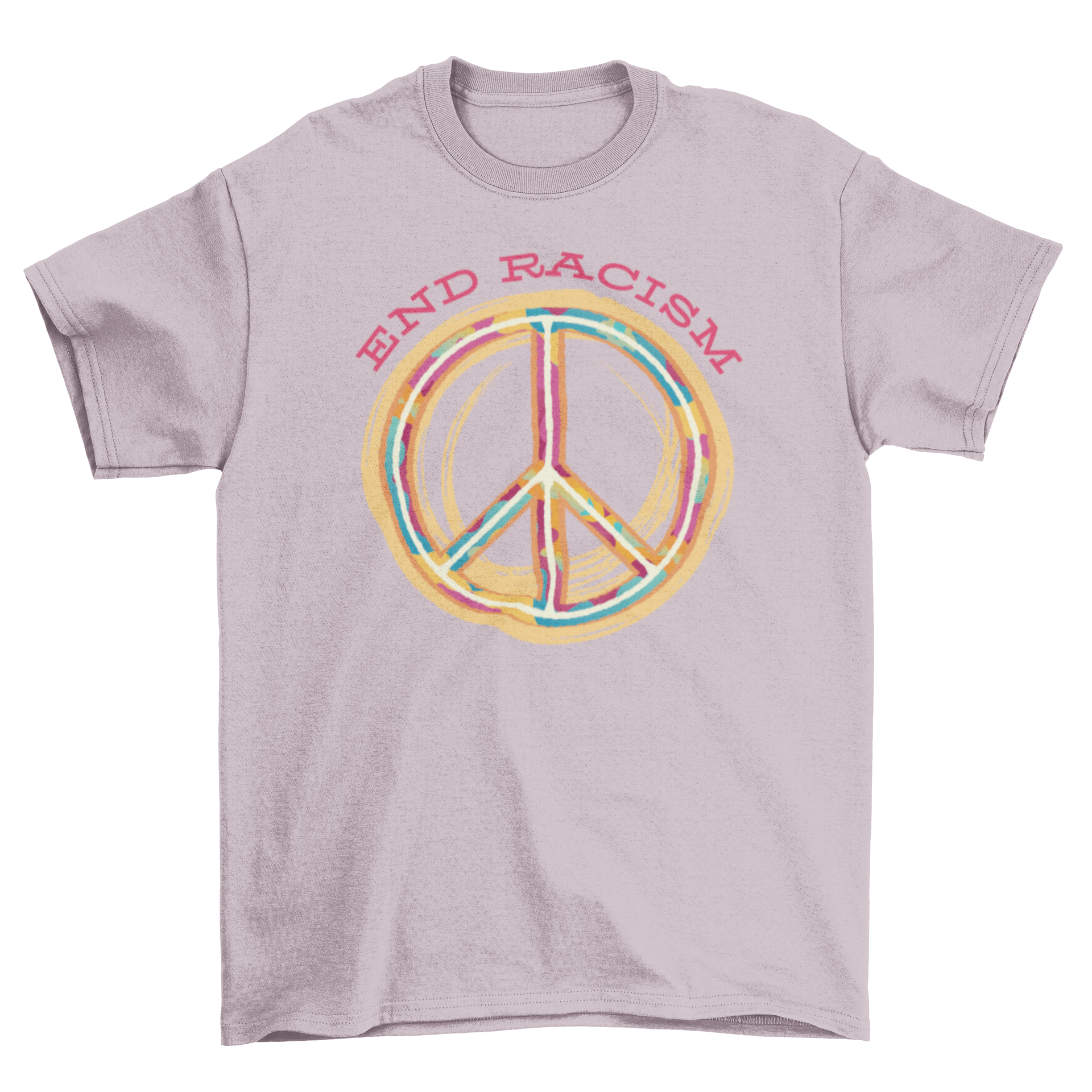 End Racism T-shirt featuring a peace sign and the quote 'End Racism' in bold letters, designed for comfort and style.