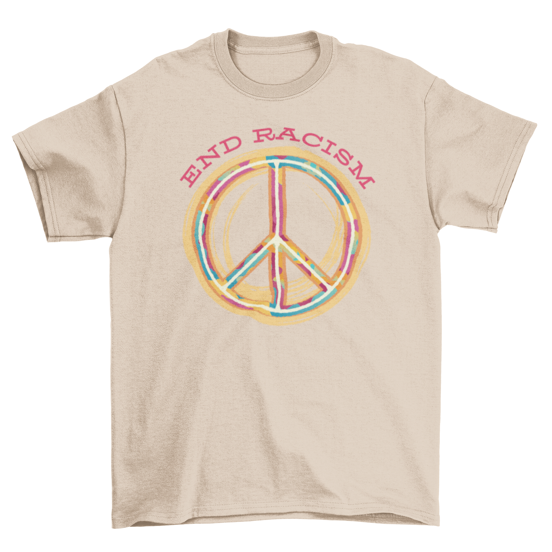 End Racism T-shirt featuring a peace sign and the quote 'End Racism' in bold letters, designed for comfort and style.