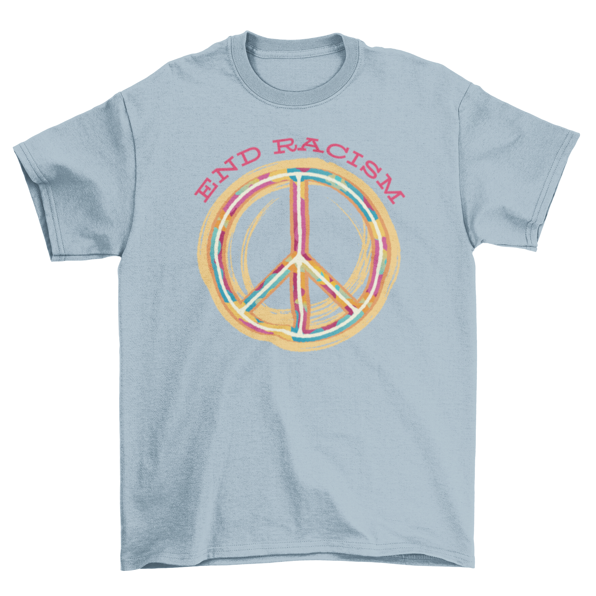 End Racism T-shirt featuring a peace sign and the quote 'End Racism' in bold letters, designed for comfort and style.