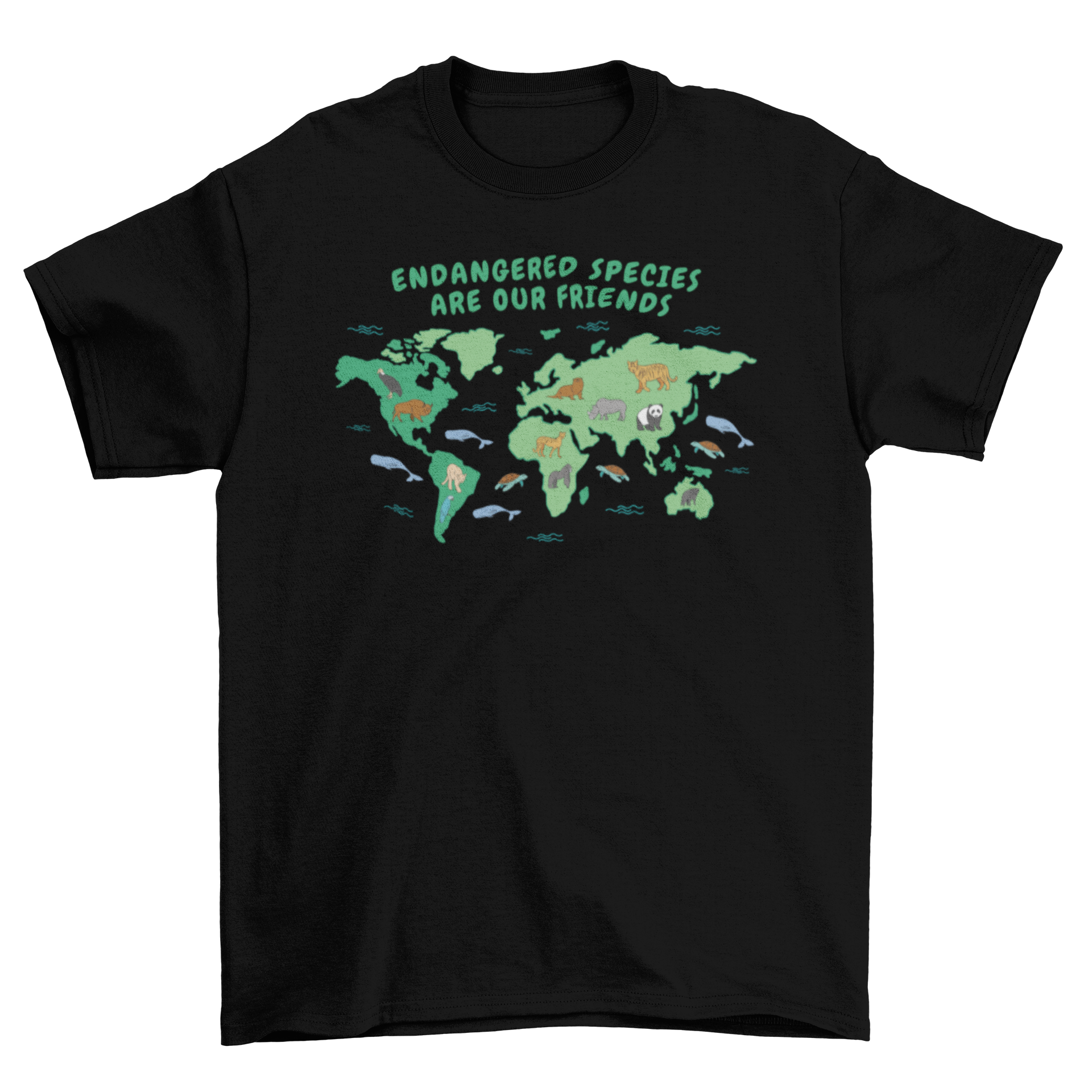 Endangered species map t-shirt featuring a colorful world map with illustrations of various endangered animals and an inspirational quote.