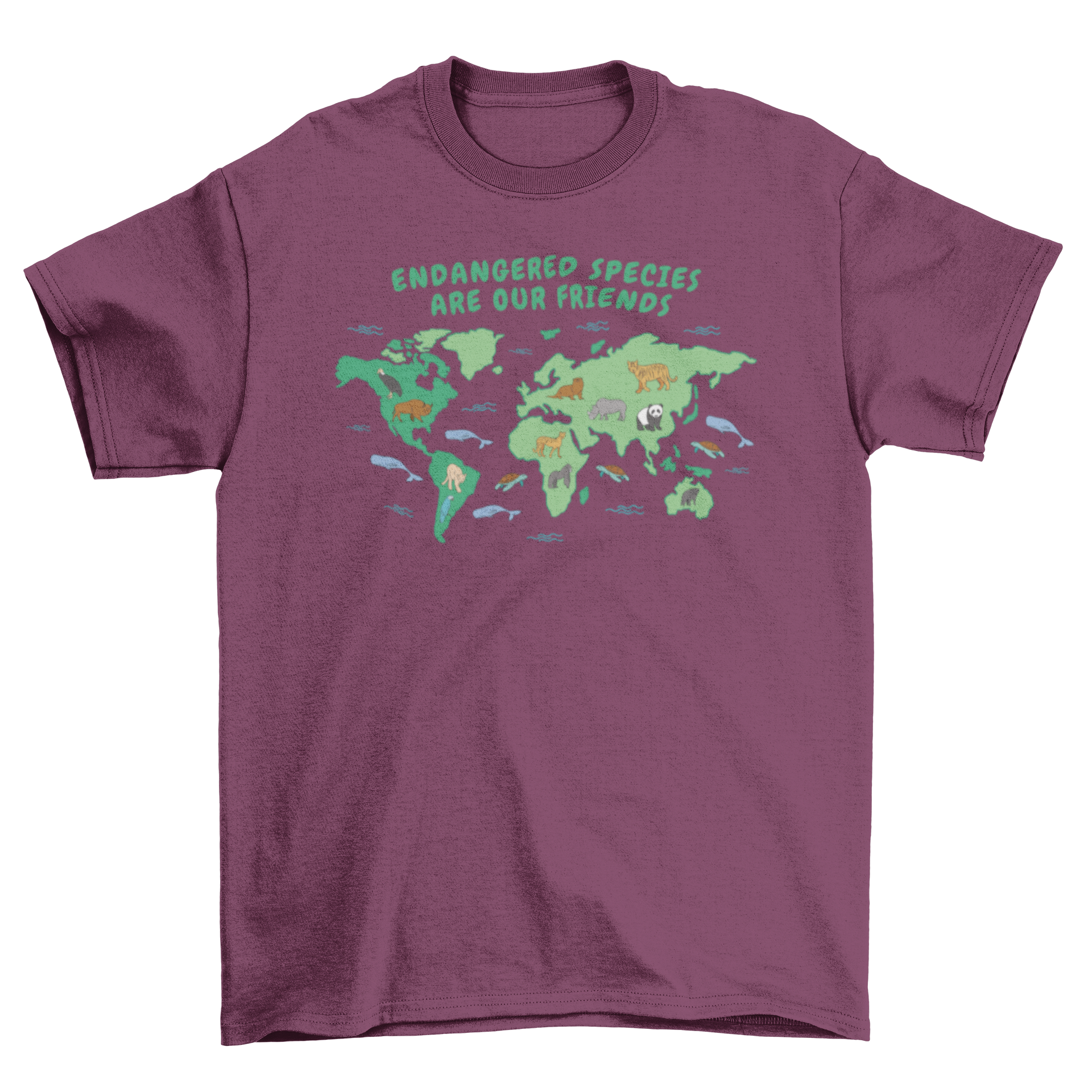 Endangered species map t-shirt featuring a colorful world map with illustrations of various endangered animals and an inspirational quote.