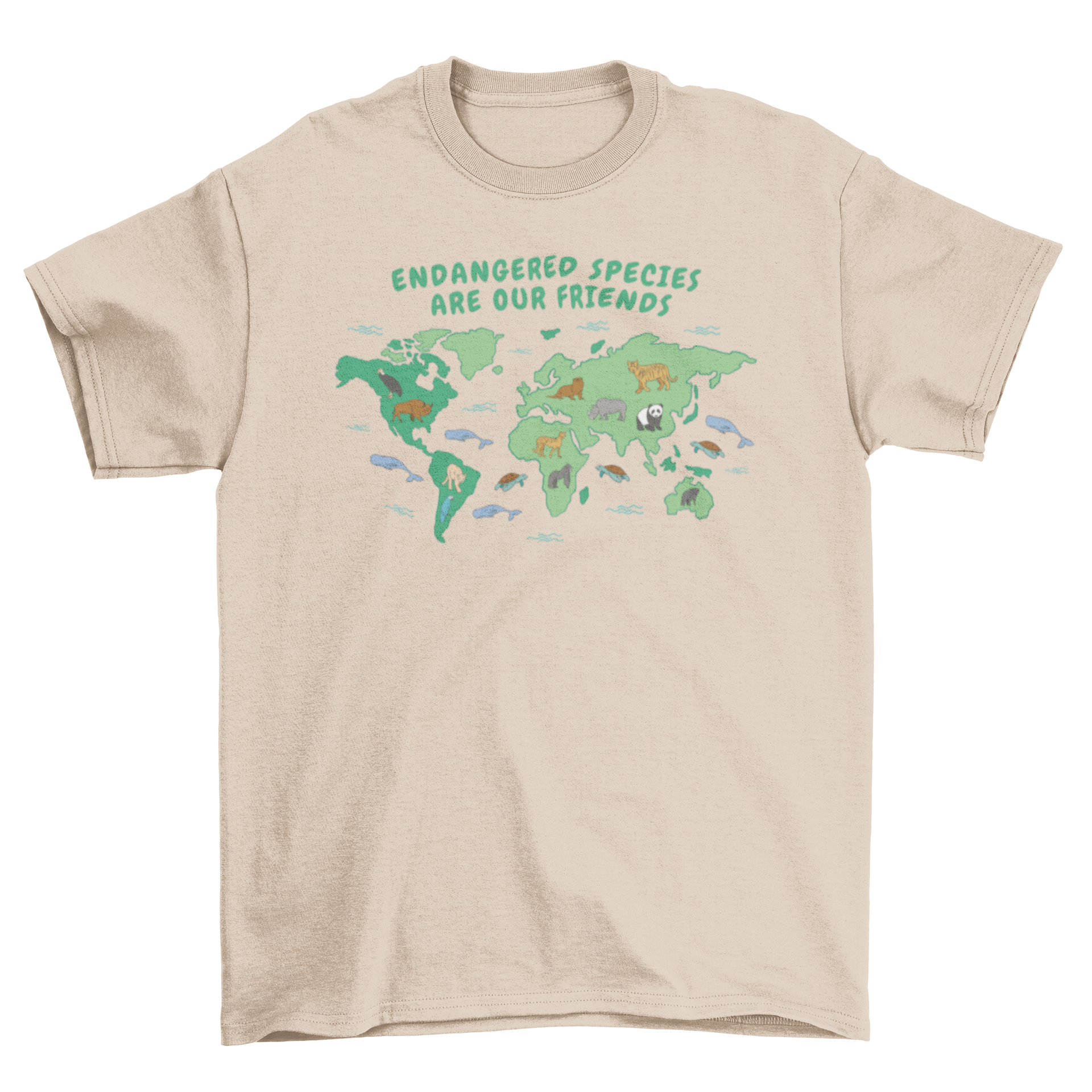 Endangered species map t-shirt featuring a colorful world map with illustrations of various endangered animals and an inspirational quote.