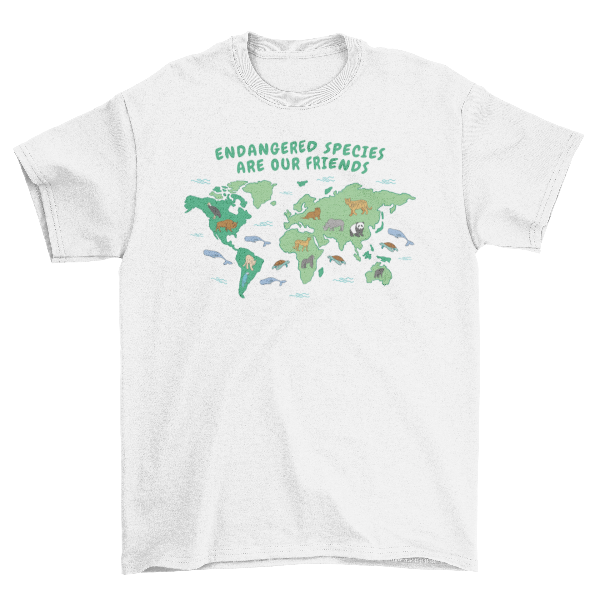 Endangered species map t-shirt featuring a colorful world map with illustrations of various endangered animals and an inspirational quote.