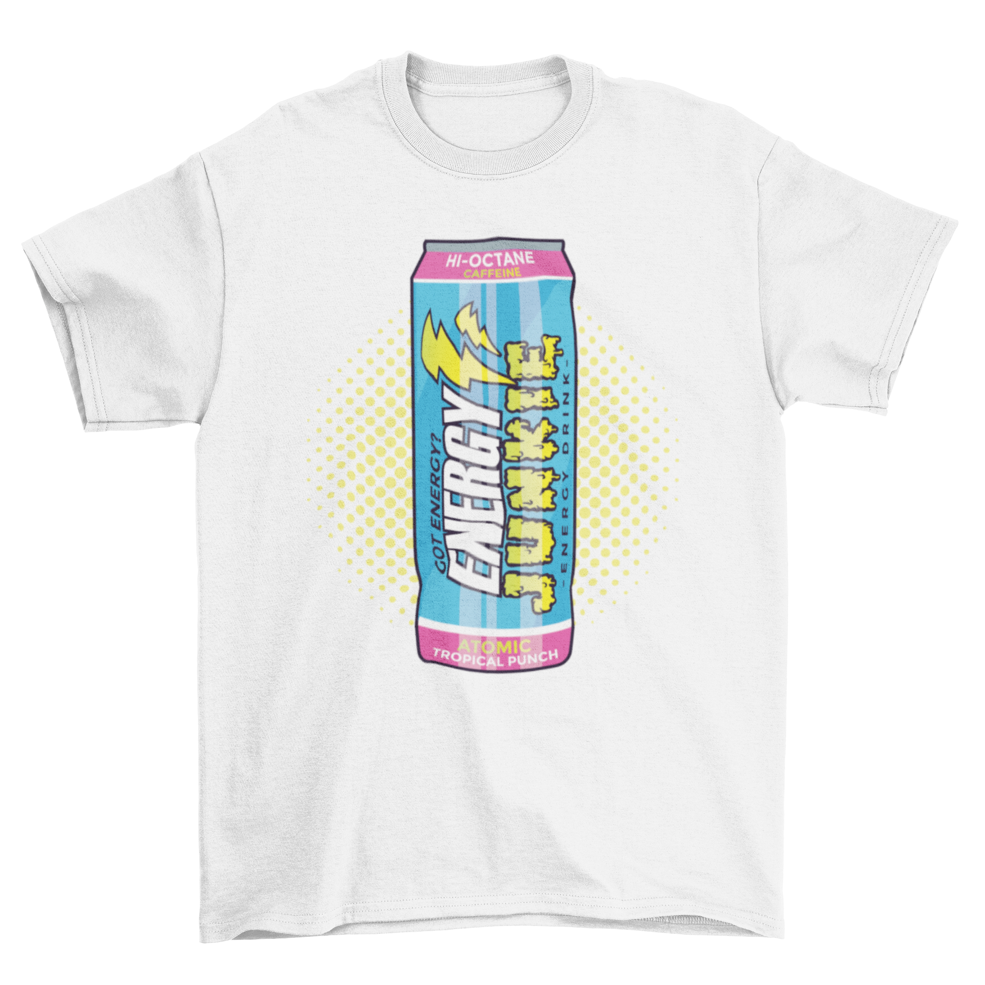 Energy Drink T-shirt featuring a vibrant design of an energy drink can with the text 'ENERGY JUNKIE'.