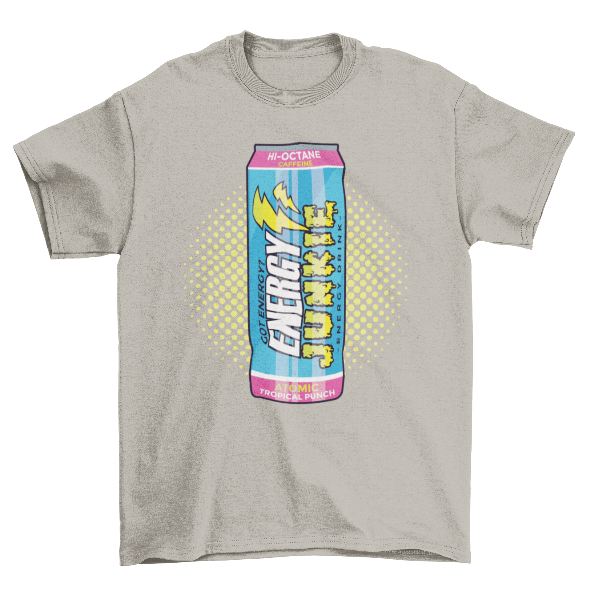 Energy Drink T-shirt featuring a vibrant design of an energy drink can with the text 'ENERGY JUNKIE'.