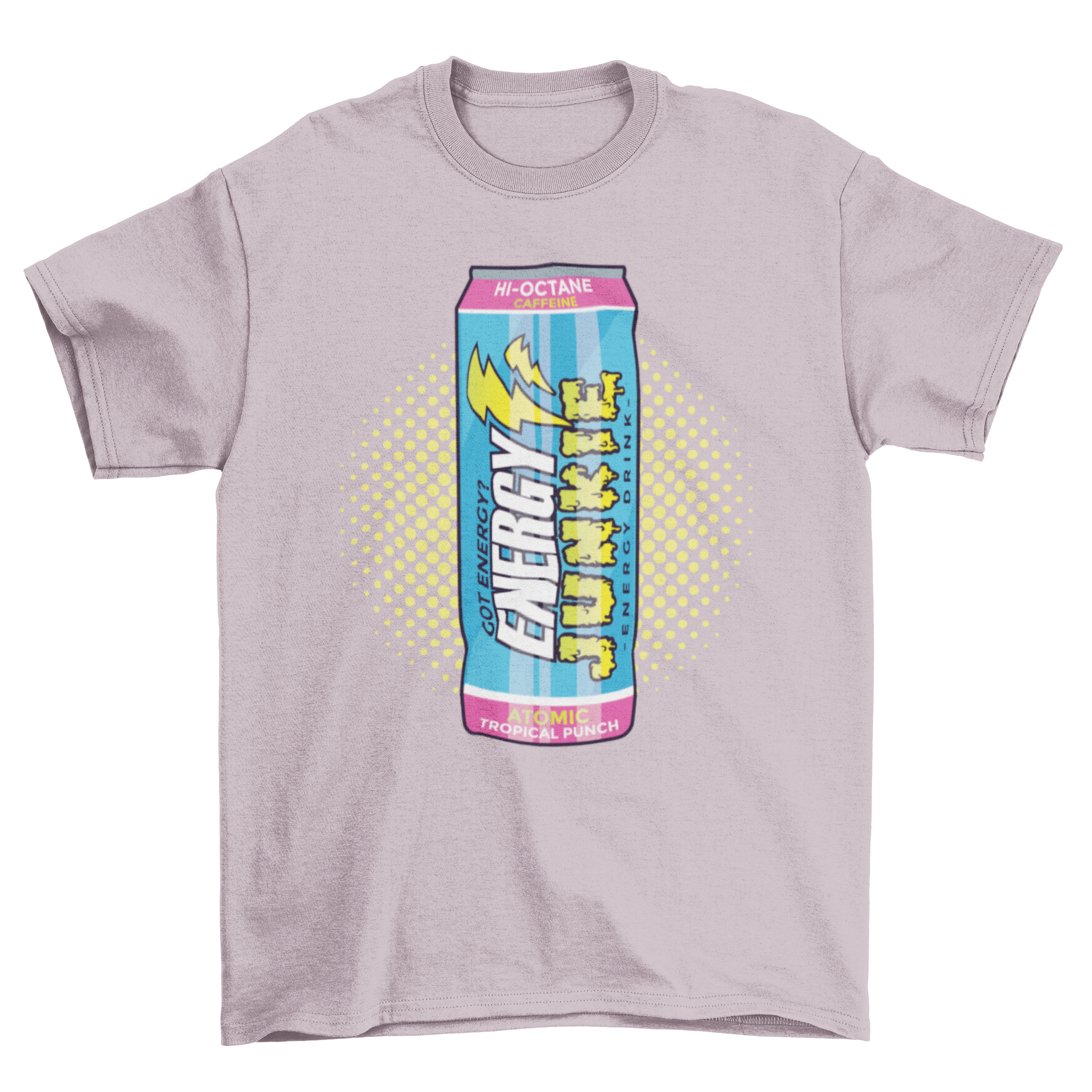 Energy Drink T-shirt featuring a vibrant design of an energy drink can with the text 'ENERGY JUNKIE'.