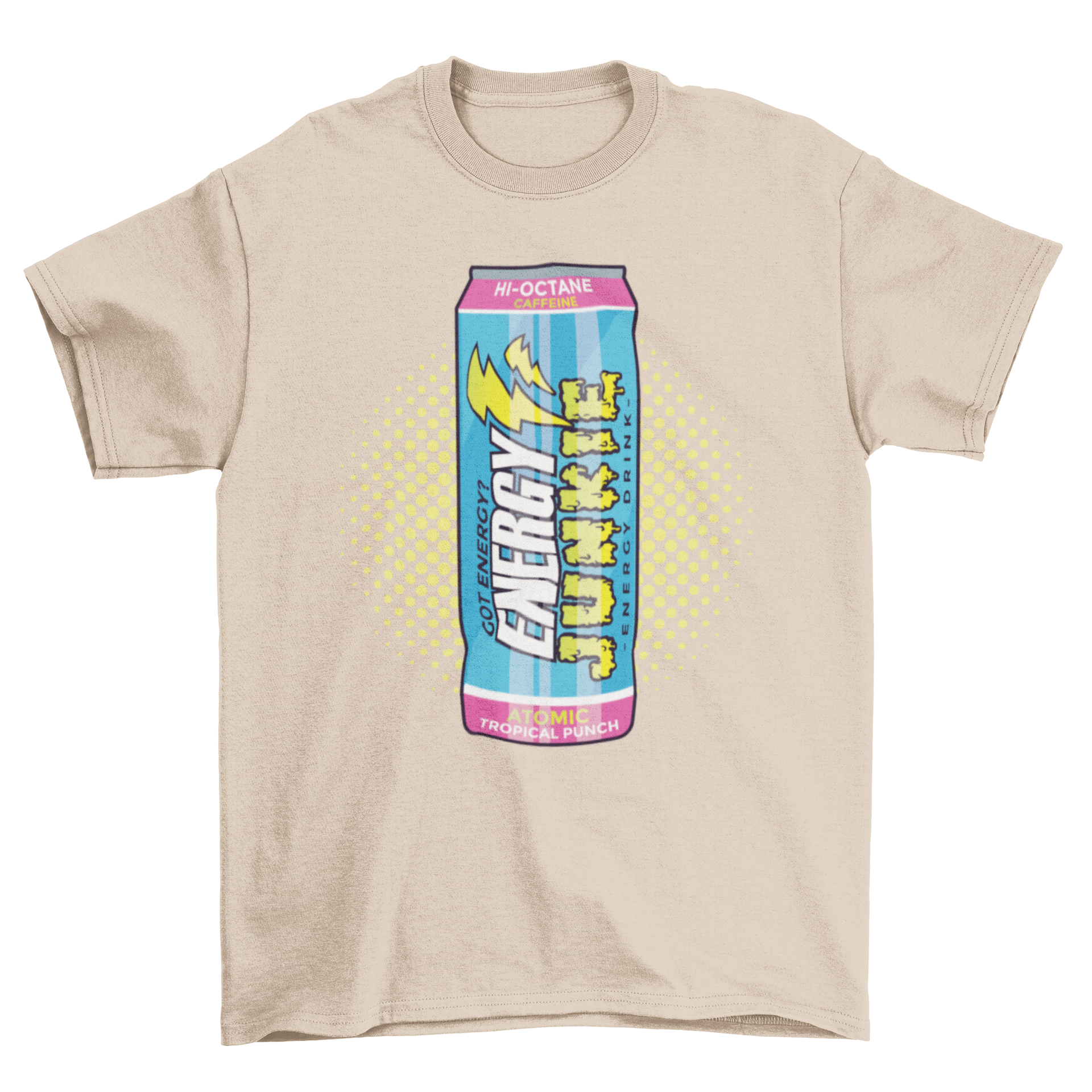 Energy Drink T-shirt featuring a vibrant design of an energy drink can with the text 'ENERGY JUNKIE'.