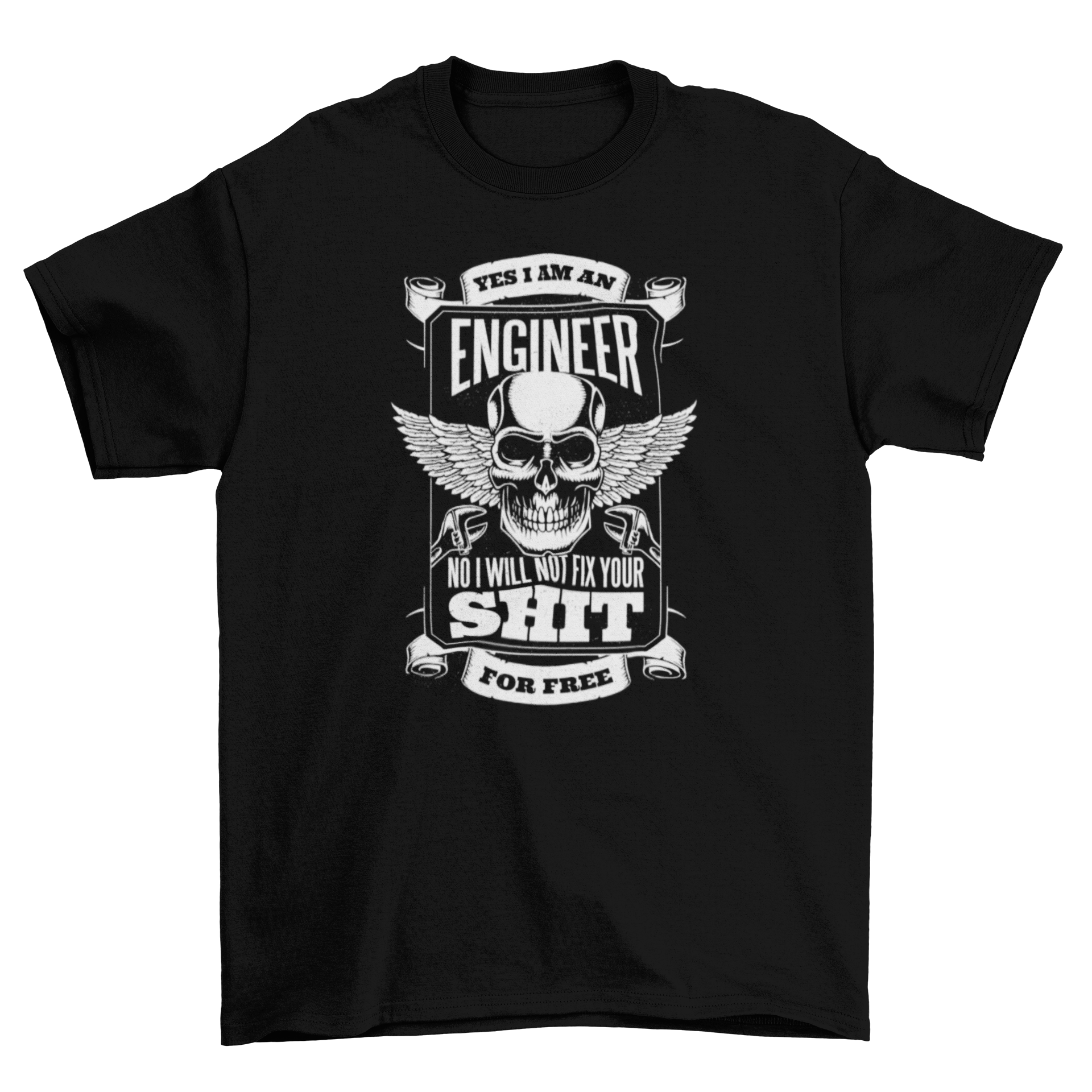 Engineer Funny Quote T-shirt featuring a winged skull design with humorous text.