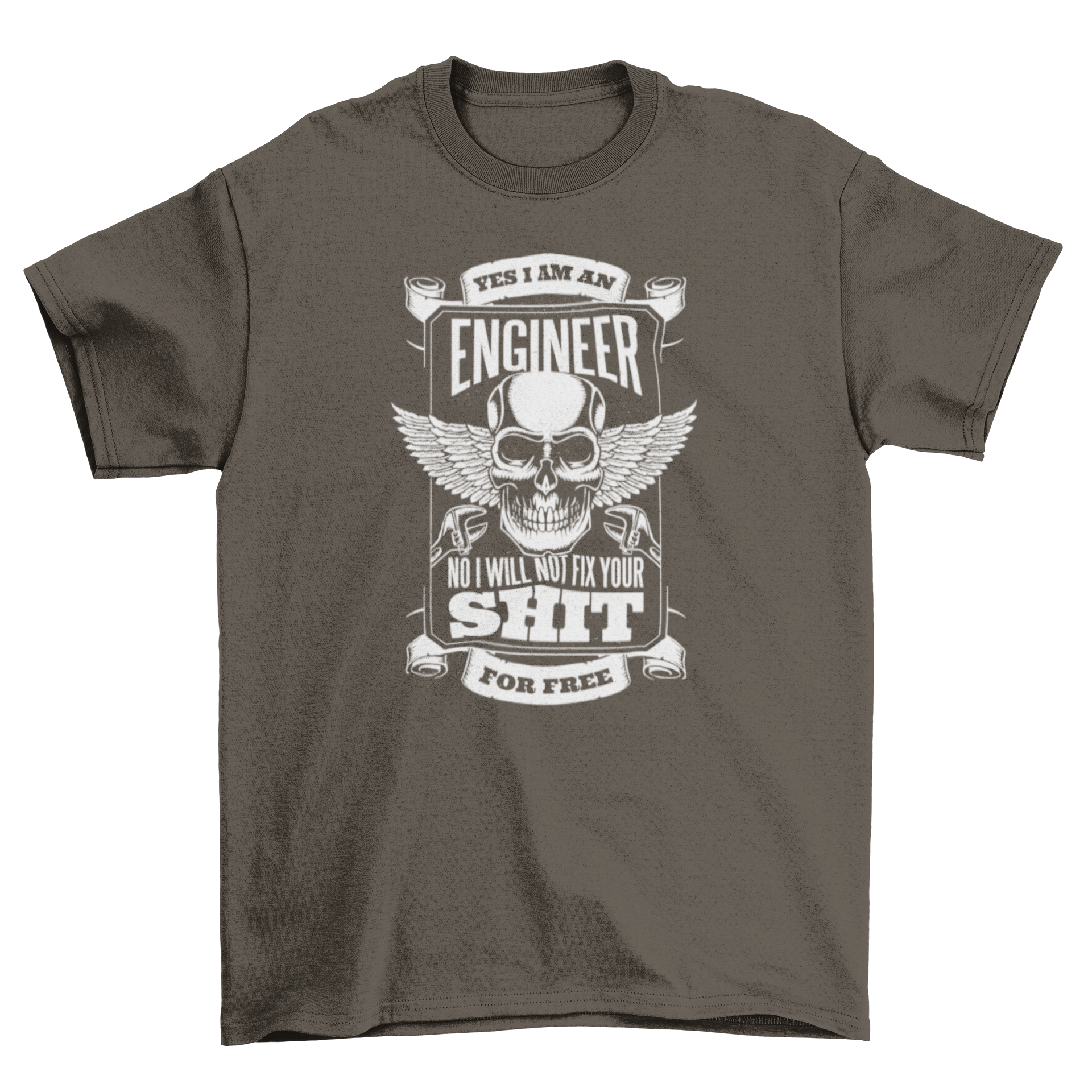 Engineer Funny Quote T-shirt featuring a winged skull design with humorous text.